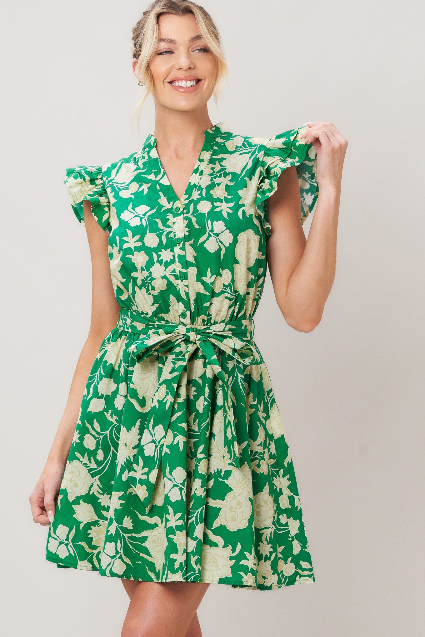 EMERALD BLOOM WOVEN MINI DRESS