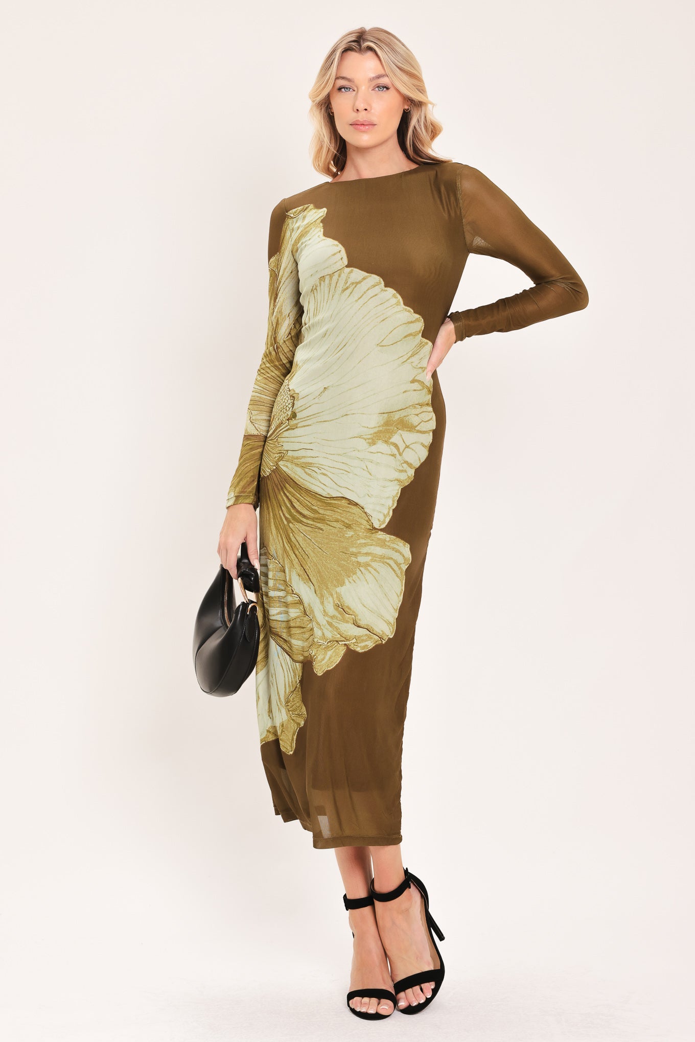 power mesh dress BROWN BLOSSOM CONTOUR MIDI l FLYING TOMATO BROWN / S turning look Brie Larson Celebrates Premiere EAV:{34393} Size:Us Size 6