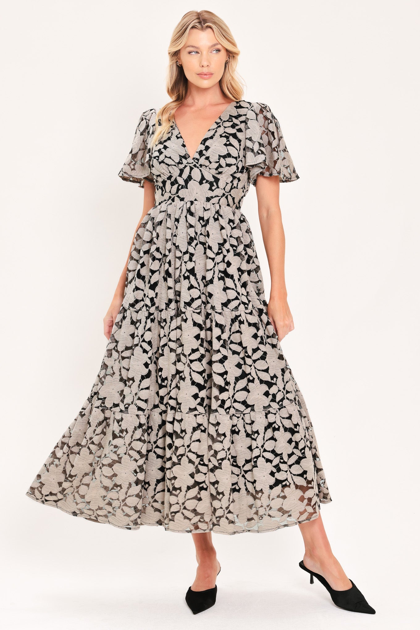 ASHEN FLORAL MAJESTY WOVEN LACE MIDI DRESS