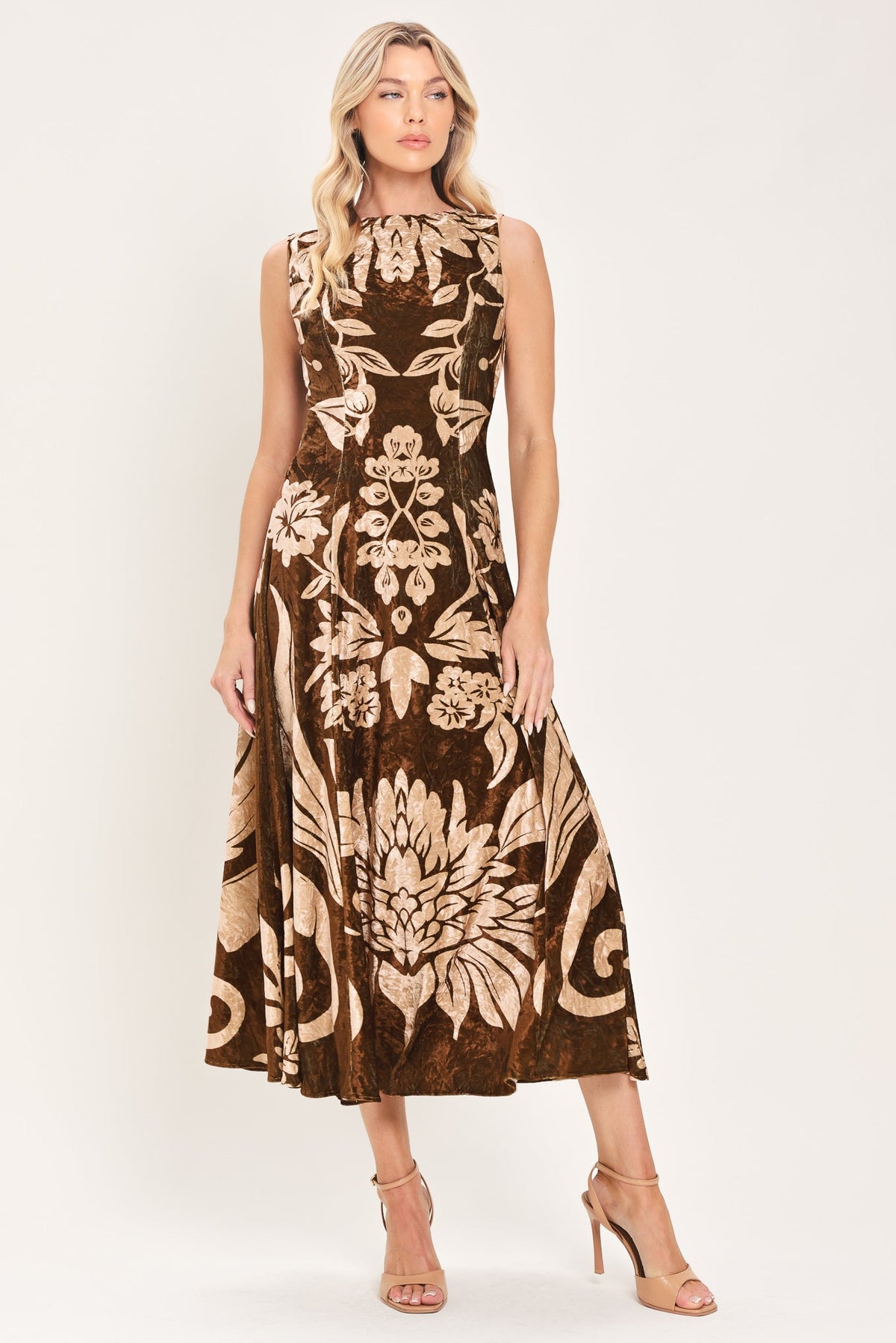 COCOA BLOOM BROWN PRINTED VELVET CIRCLE-SKIRT MIDI DRESS