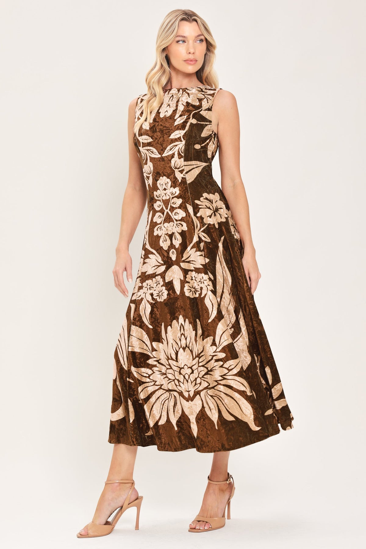 COCOA BLOOM BROWN PRINTED VELVET CIRCLE-SKIRT MIDI DRESS