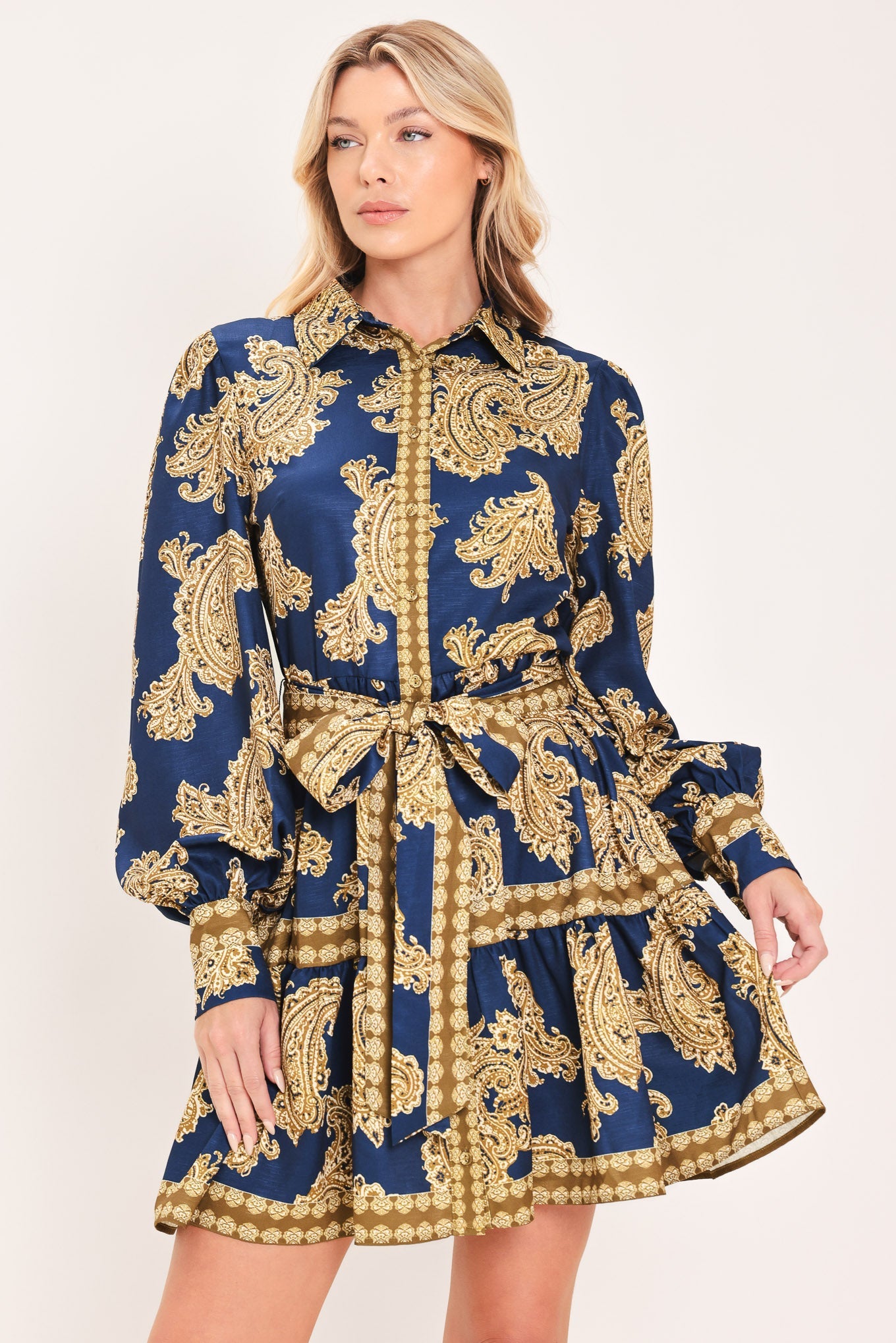 SAPPHIRE ORNAMENT WOVEN MINI SHIRT DRESS