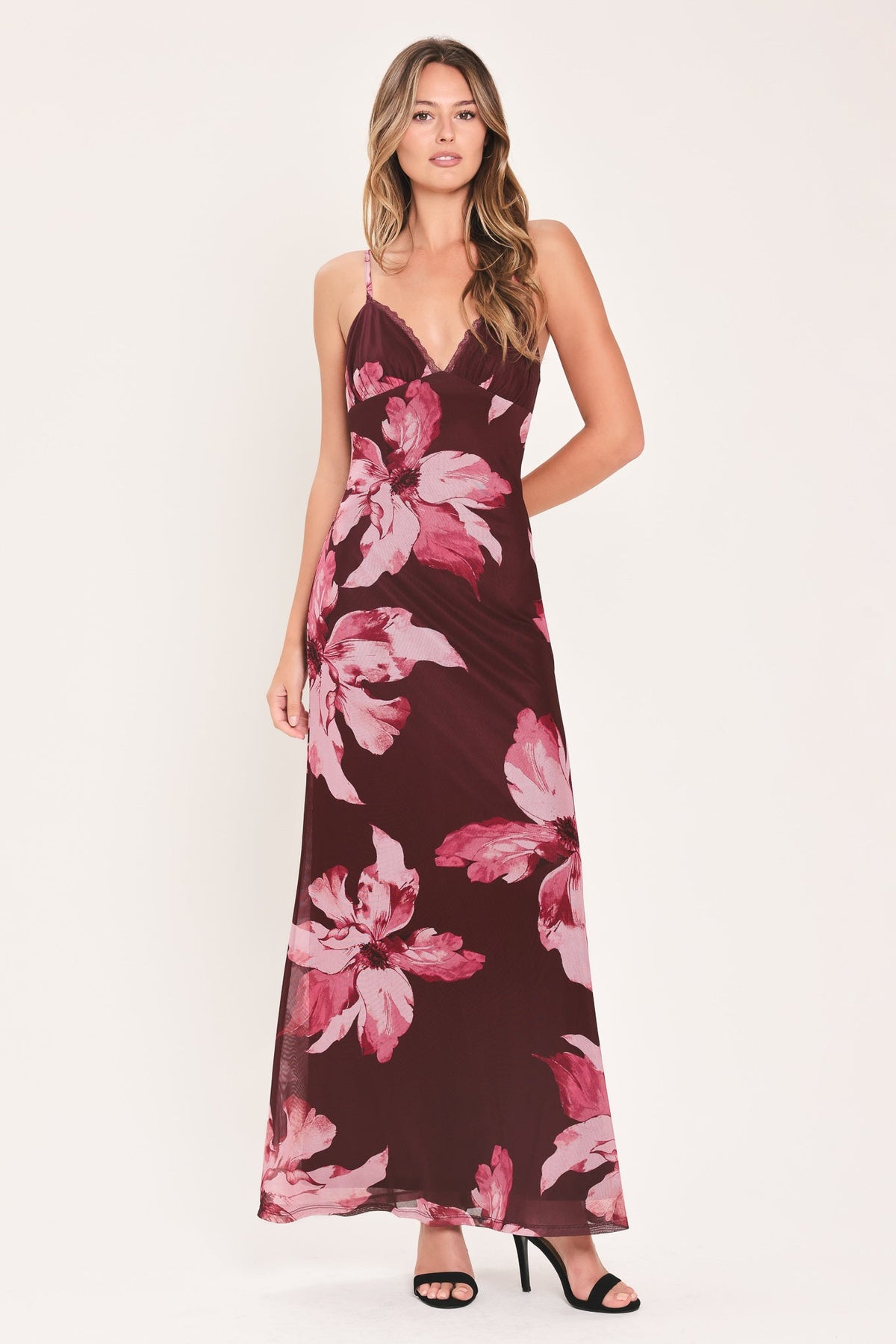 MIDNIGHT MERLOT LACE TRIM MESH MAXI DRESS