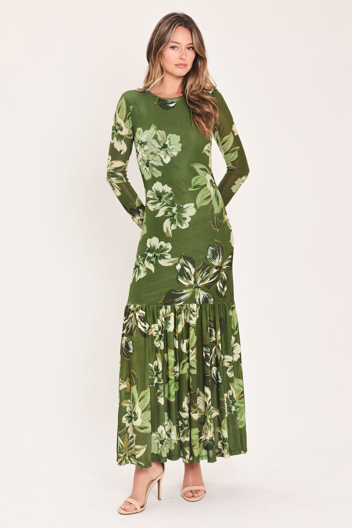 ENCHANTED GROVE MOSS GREEN PRINTED MESH ANKLE DRESS