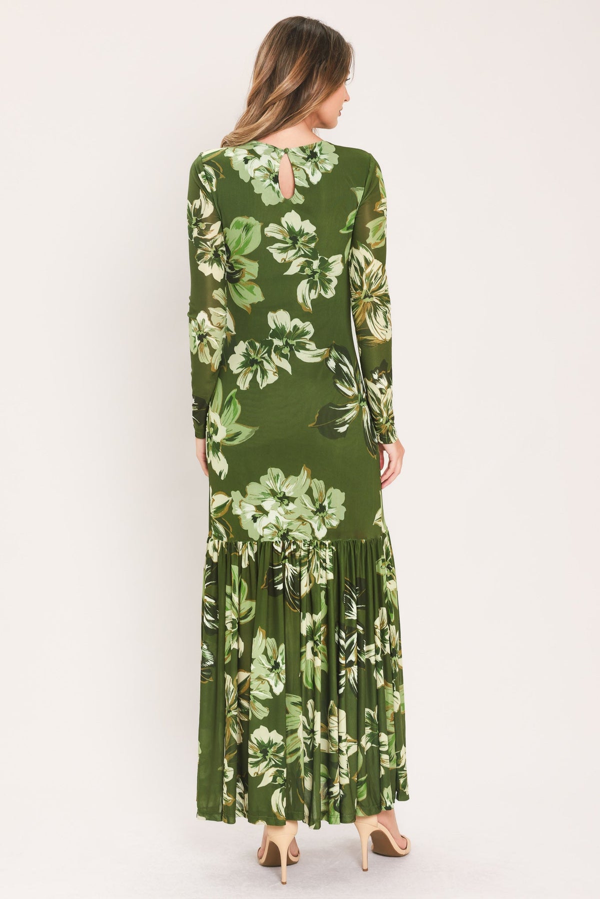 ENCHANTED GROVE MOSS GREEN PRINTED MESH ANKLE DRESS