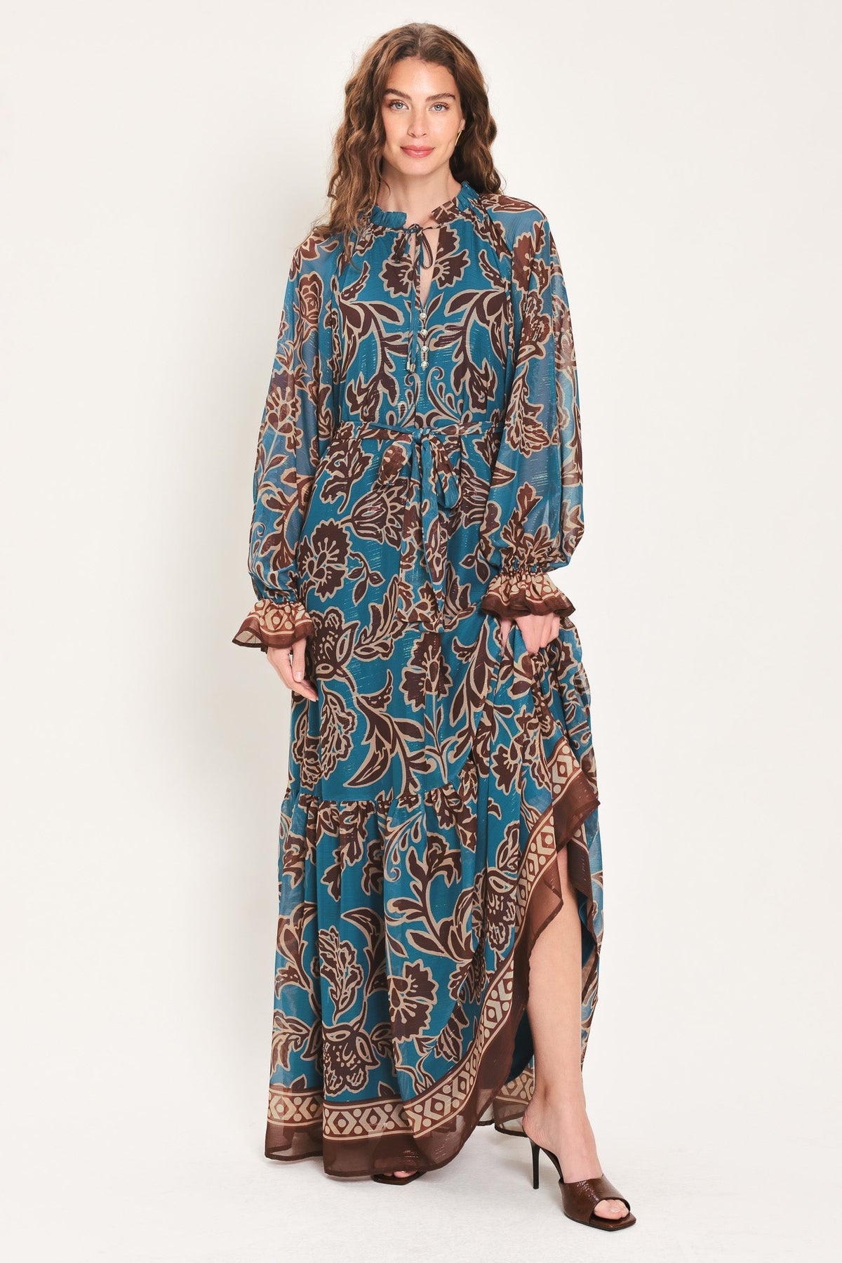 TEAL ESCAPE PRINTED RUFFLE-NECK BELTED MAXI DRESS