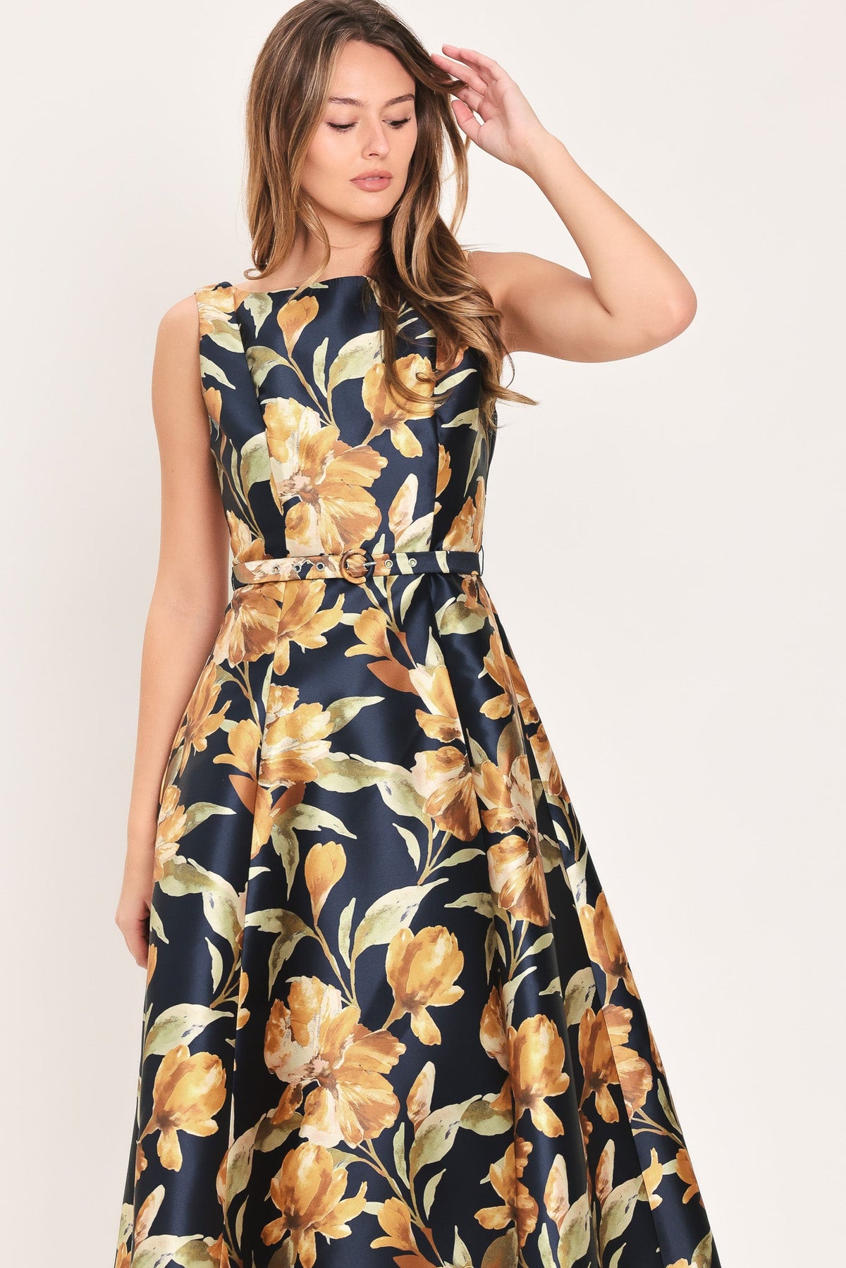 NAVY SONNET NAVY PRINTED BELTED CIRCLE-SKIRT MIDI DRESS