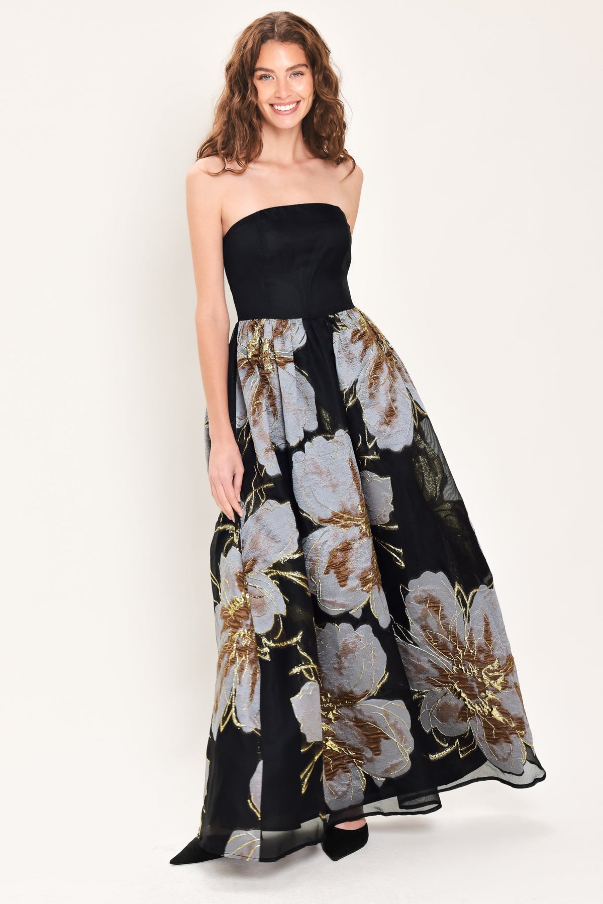 NOIR GARDEN BLACK STRAPLESS PRINTED FULL-SKIRT MAXI DRESS