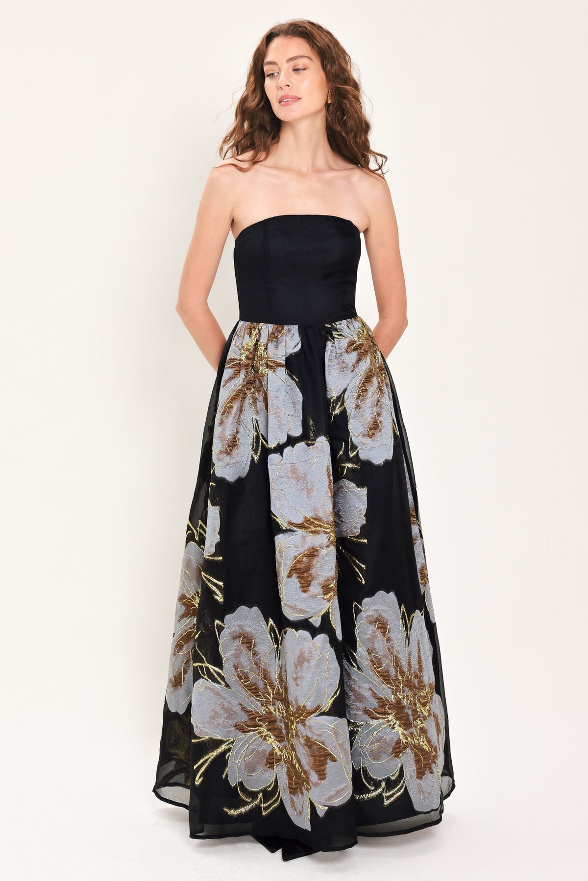 NOIR GARDEN BLACK STRAPLESS PRINTED FULL-SKIRT MAXI DRESS