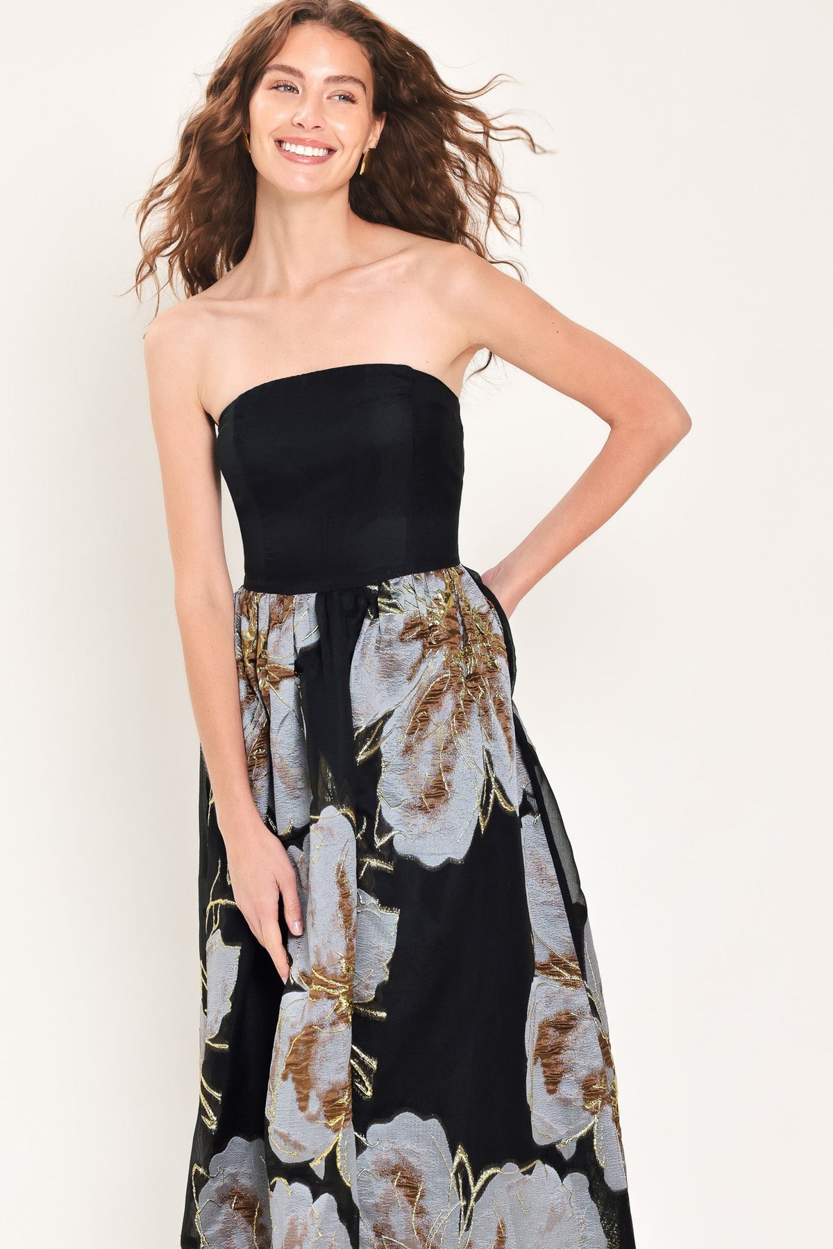 NOIR GARDEN BLACK STRAPLESS PRINTED FULL-SKIRT MAXI DRESS