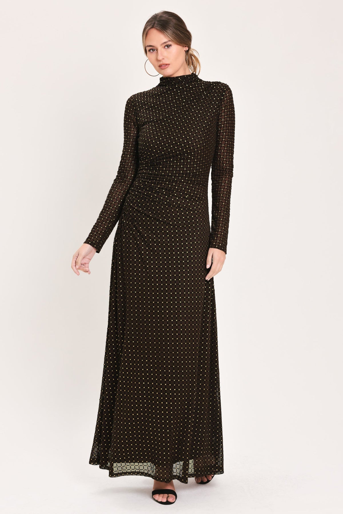 COCOA VEIL DARK BROWN BURNOUT VELVET MESH MAXI DRESS