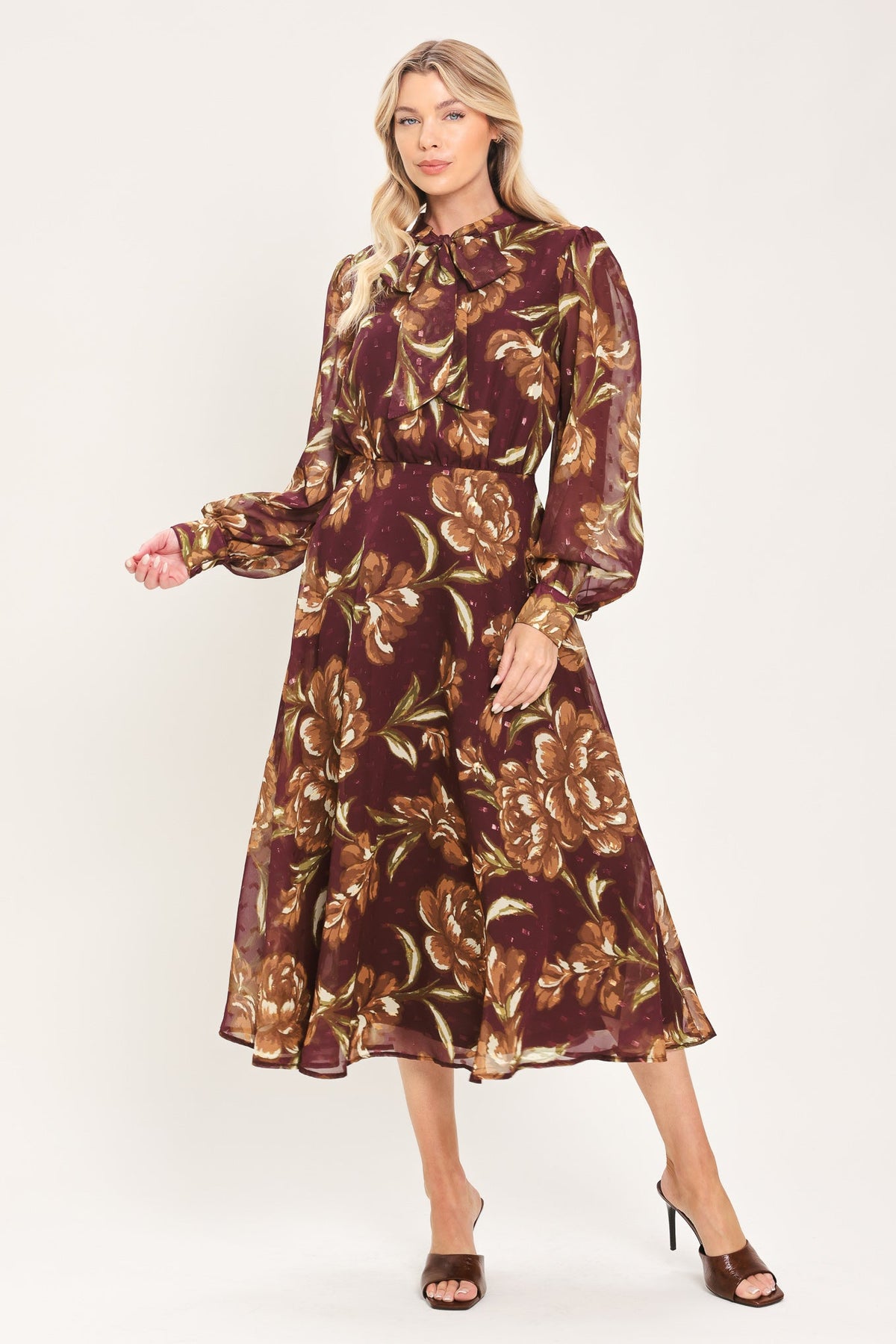 MERLOT MOMENT BURGUNDY TEXTURED TIE-NECK MIDI DRESS