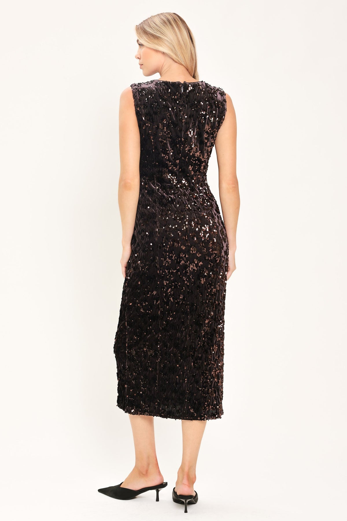 MOCHA SPARK DARK BROWN SEQUIN KNIT MIDI DRESS