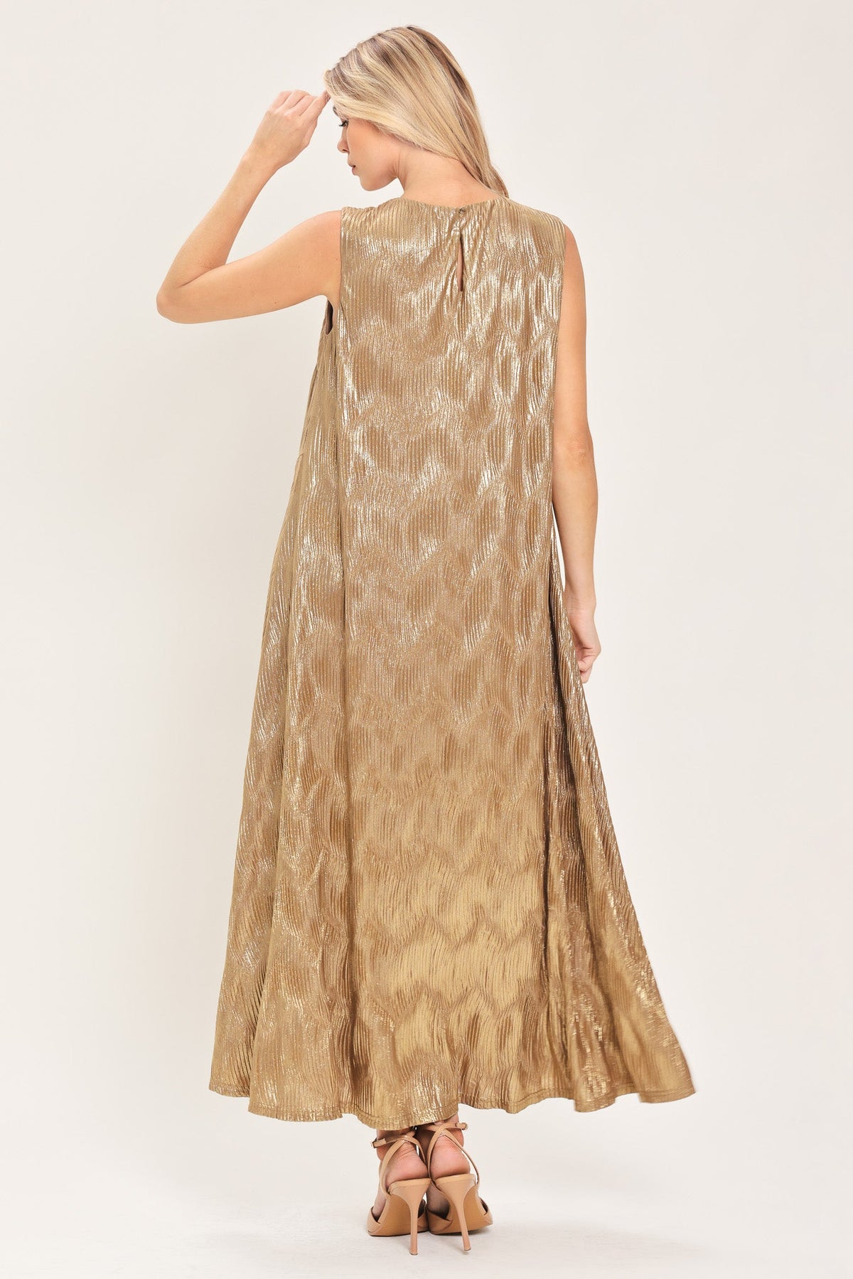 GOLDEN GLIMMER GOLD FOIL BELTED MIDI DRESS