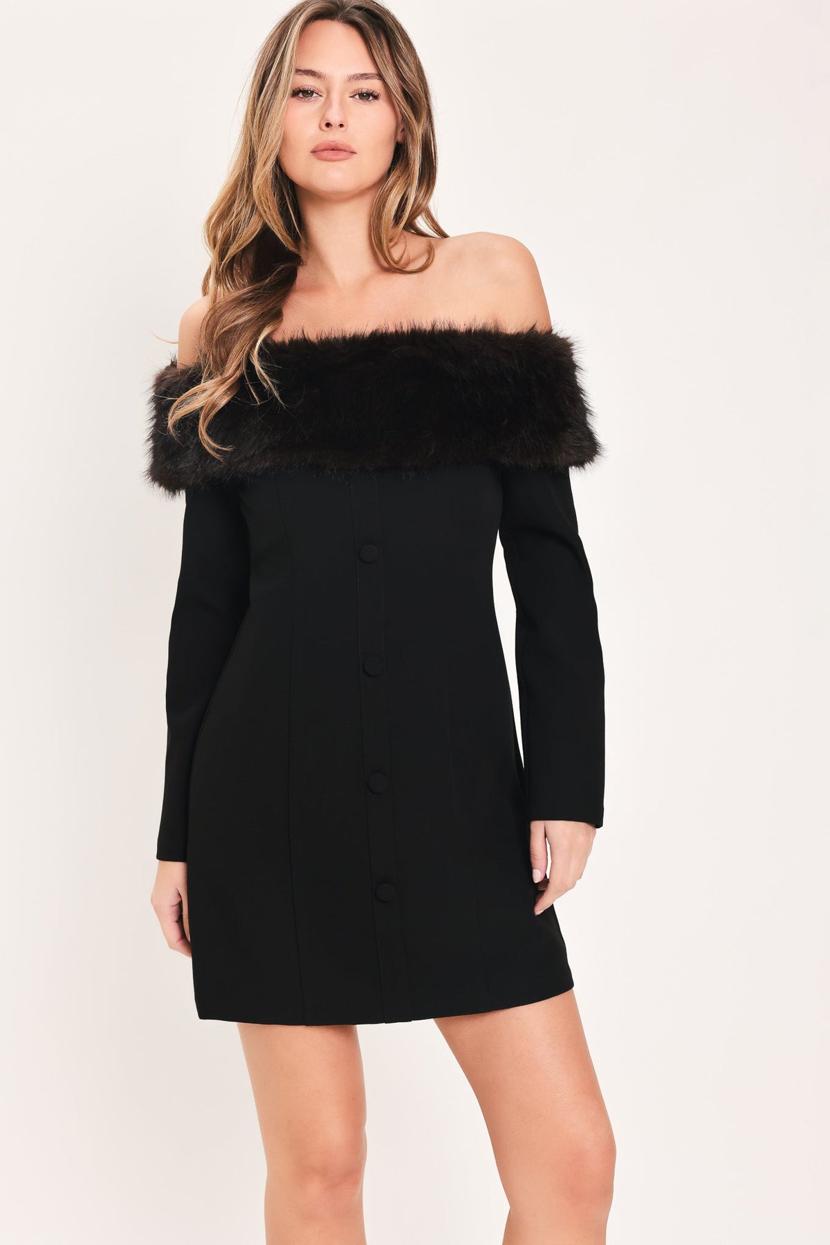 NOIR FROST BLACK FAUX-FUR OFF-SHOULDER MINI DRESS