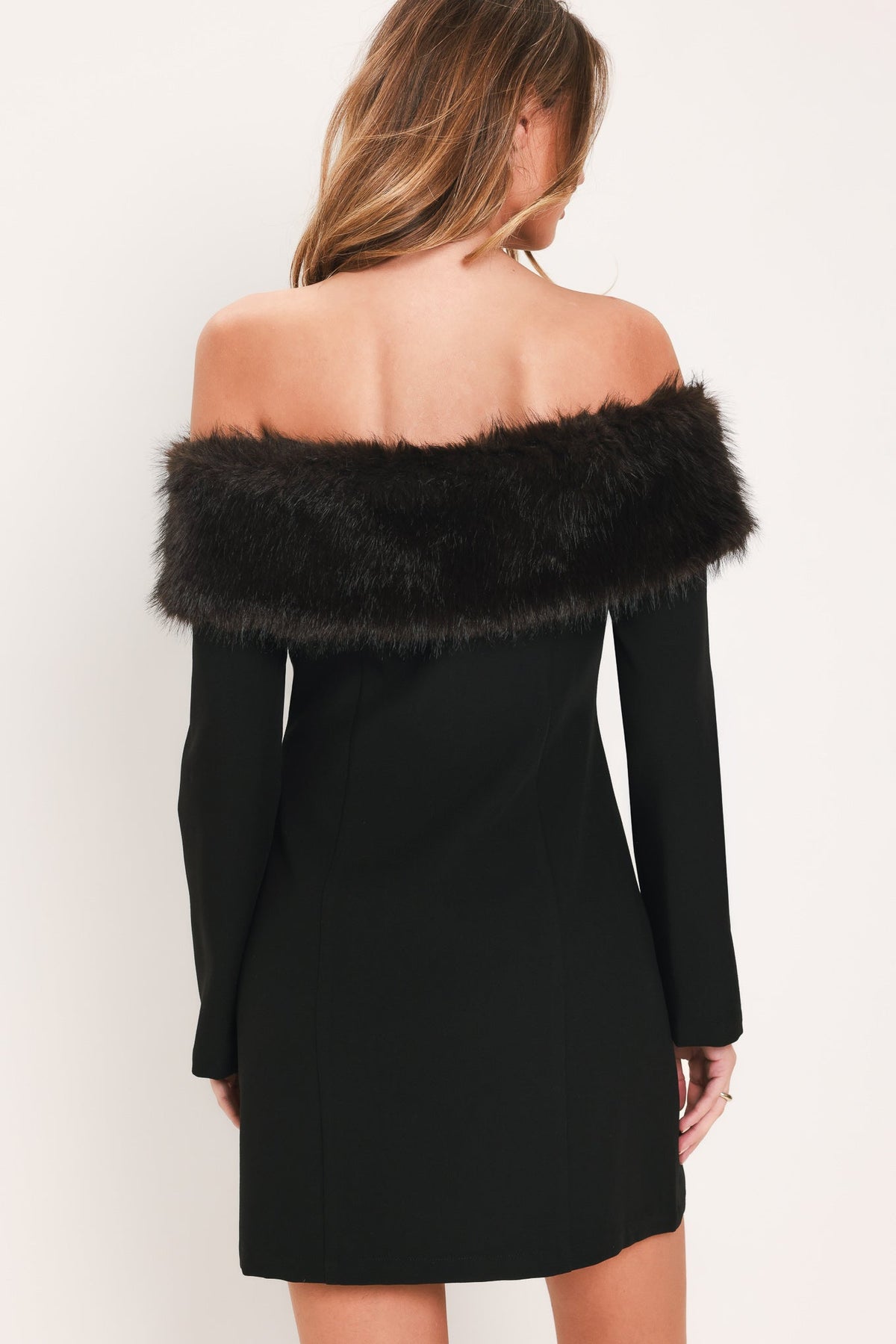 NOIR FROST BLACK FAUX-FUR OFF-SHOULDER MINI DRESS