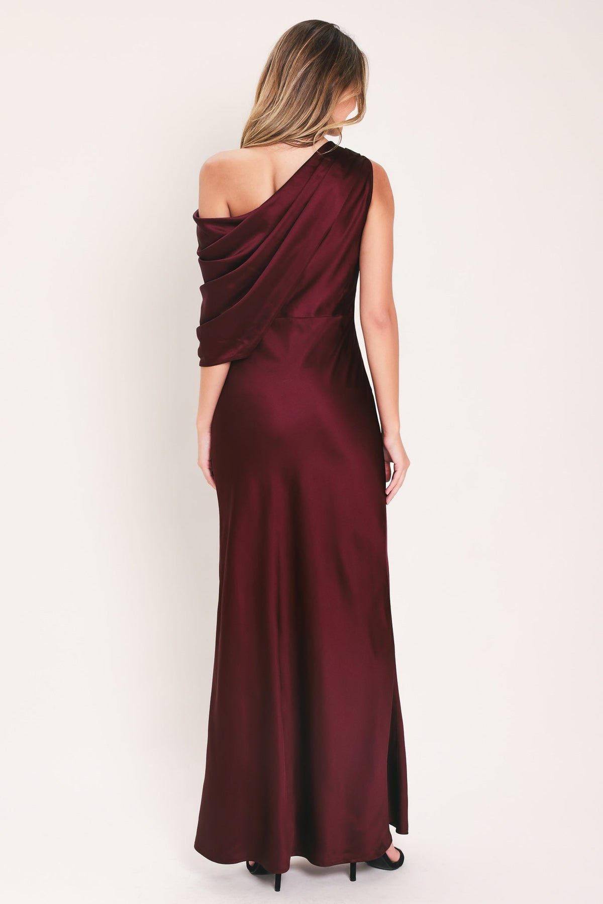 GILDED DRAPE SATIN ONE-SHOULDER MAXI DRESS