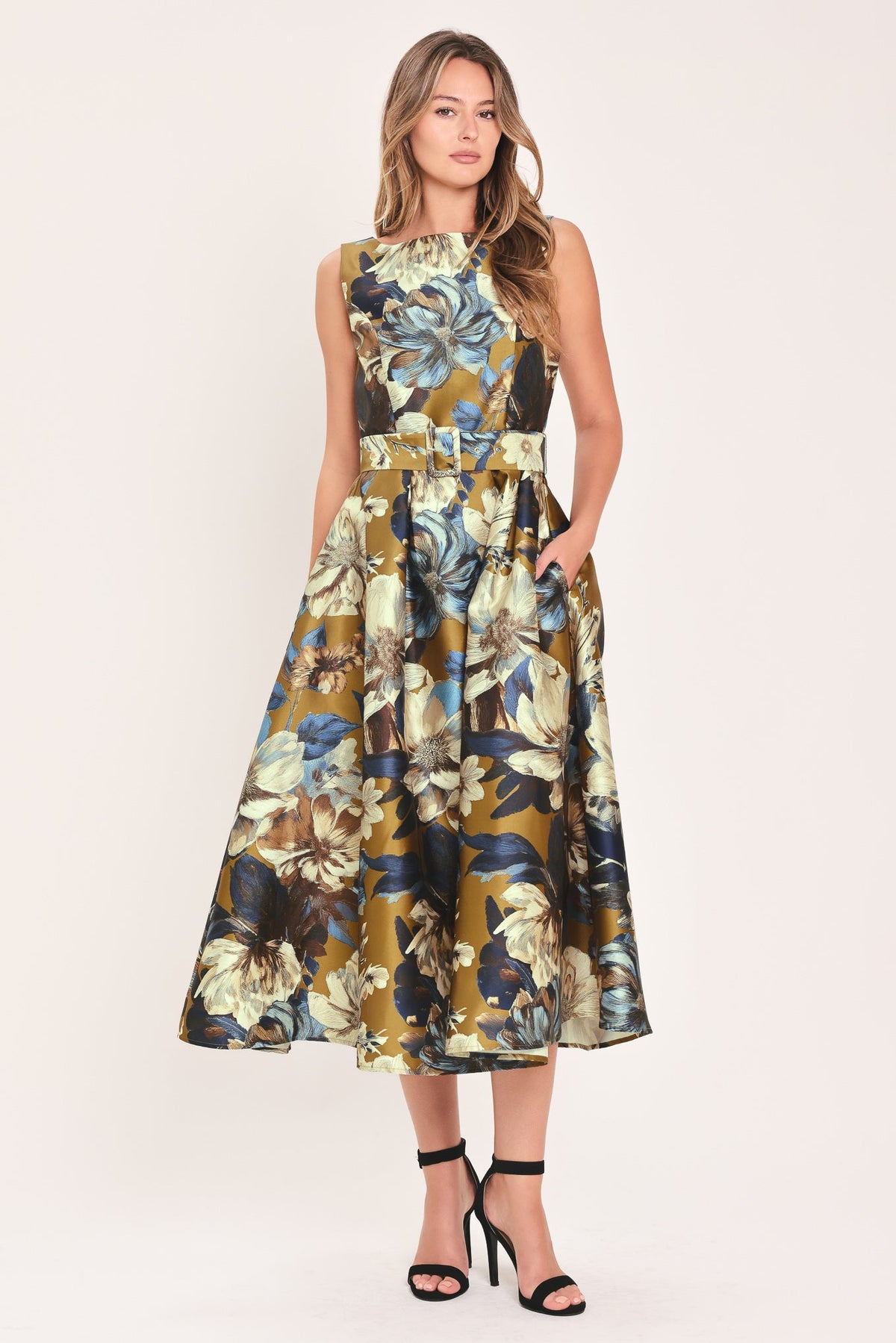 GOLDEN MEADOW DIJON PRINTED BELTED MIDI DRESS