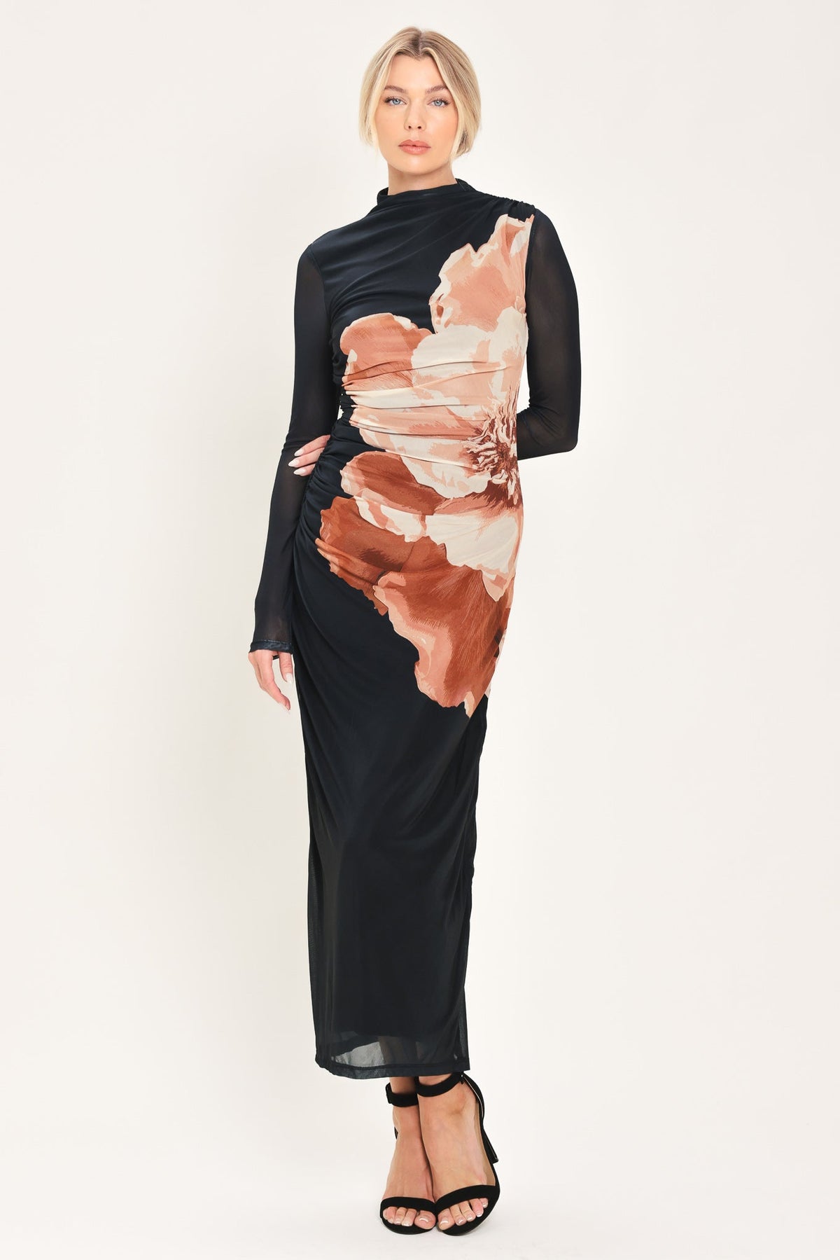 SHADOW BLOOM BLACK PRINTED MESH SHIRRED MIDI DRESS