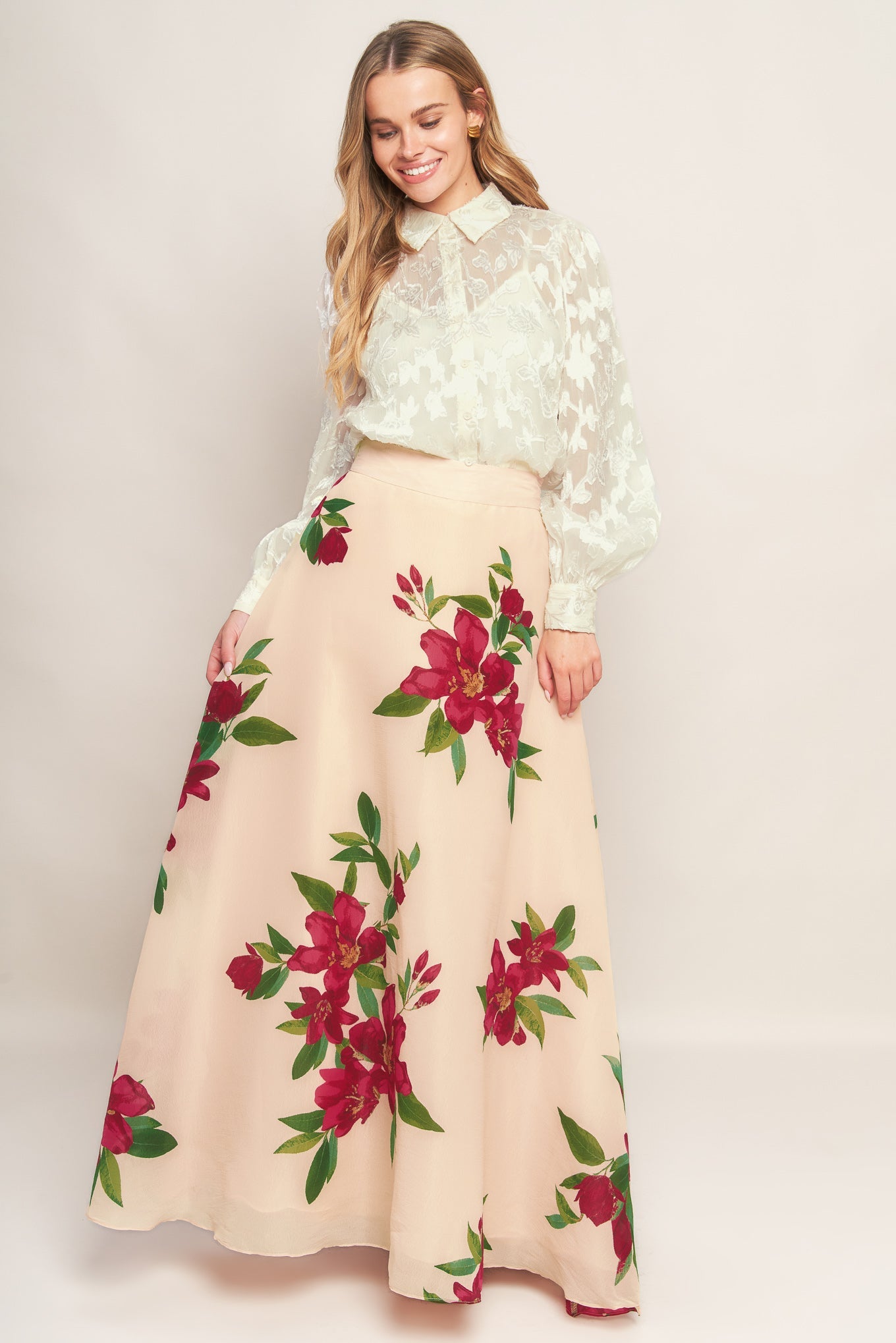 ELEGANT WILDFLOWER BLUSH WOVEN MAXI SKIRT