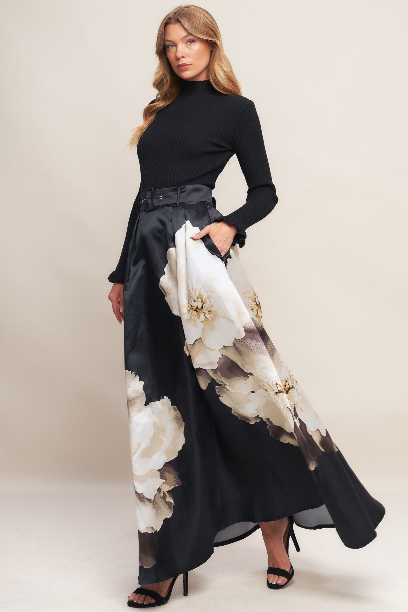MIDNIGHT BLOOM BELTED WOVEN MAXI SKIRT