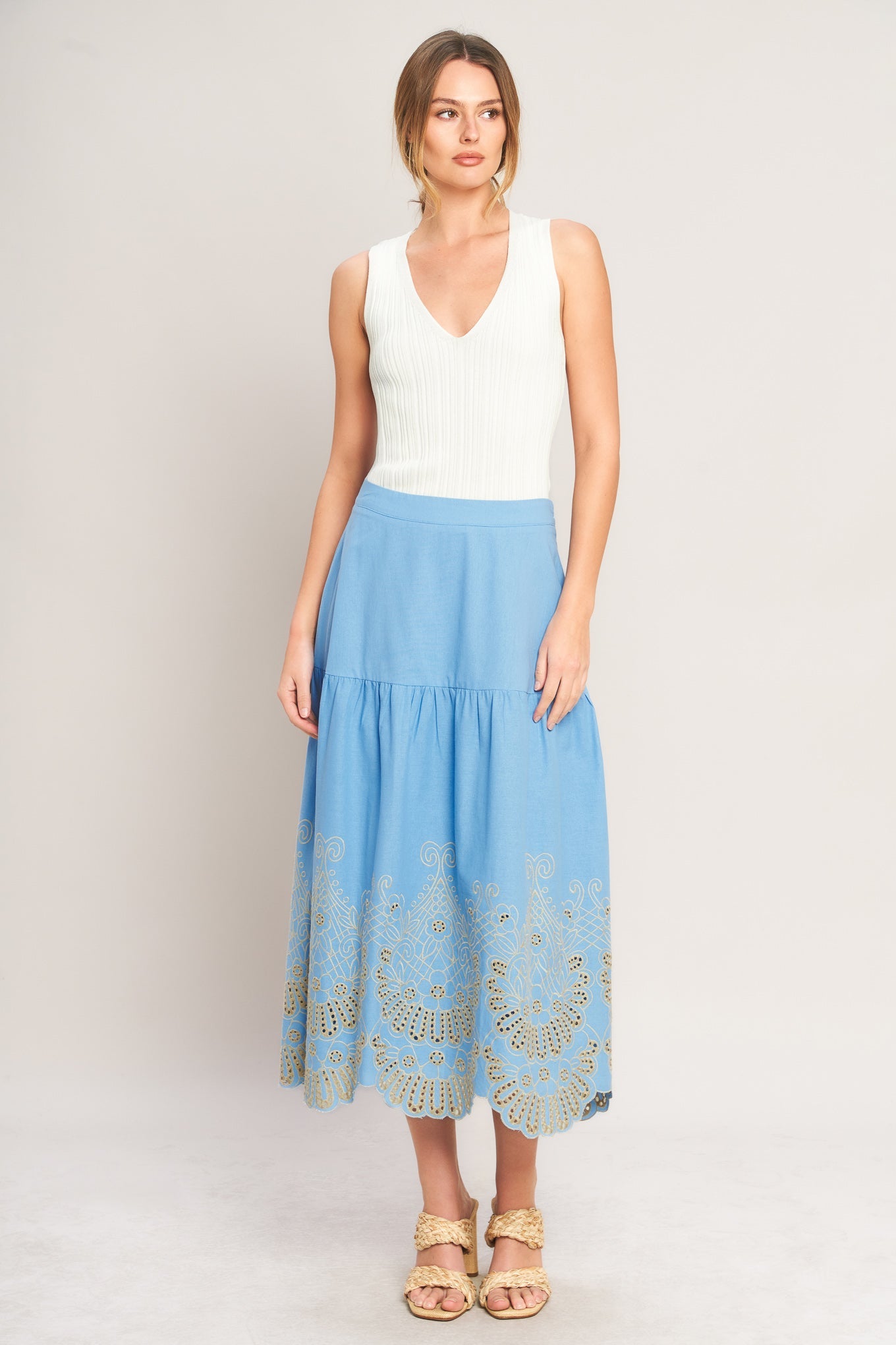 SKY BLOOM WOVEN EYELET MIDI SKIRT