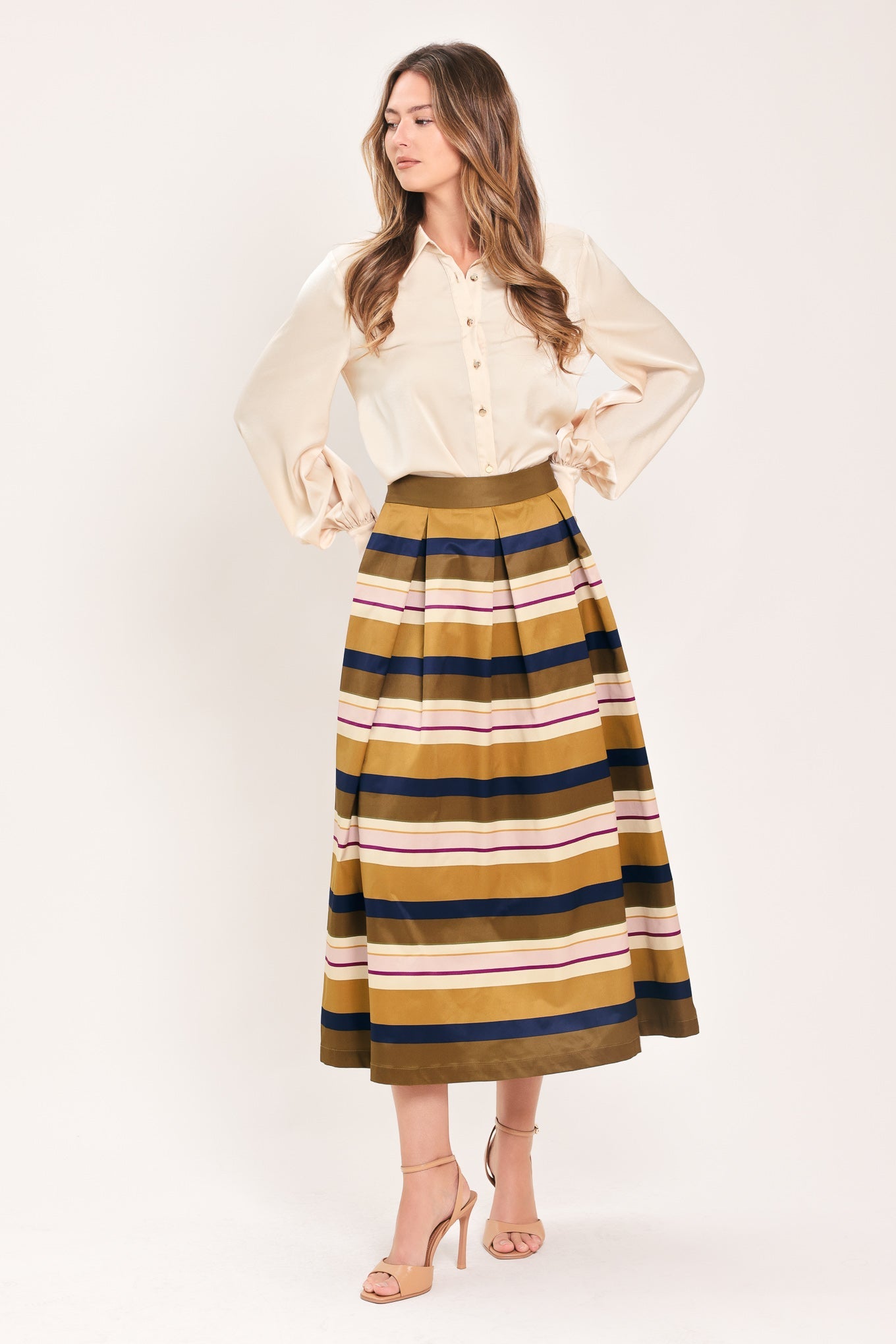 SAFFRON STRIPE WHISPER WOVEN FULL MIDI SKIRT