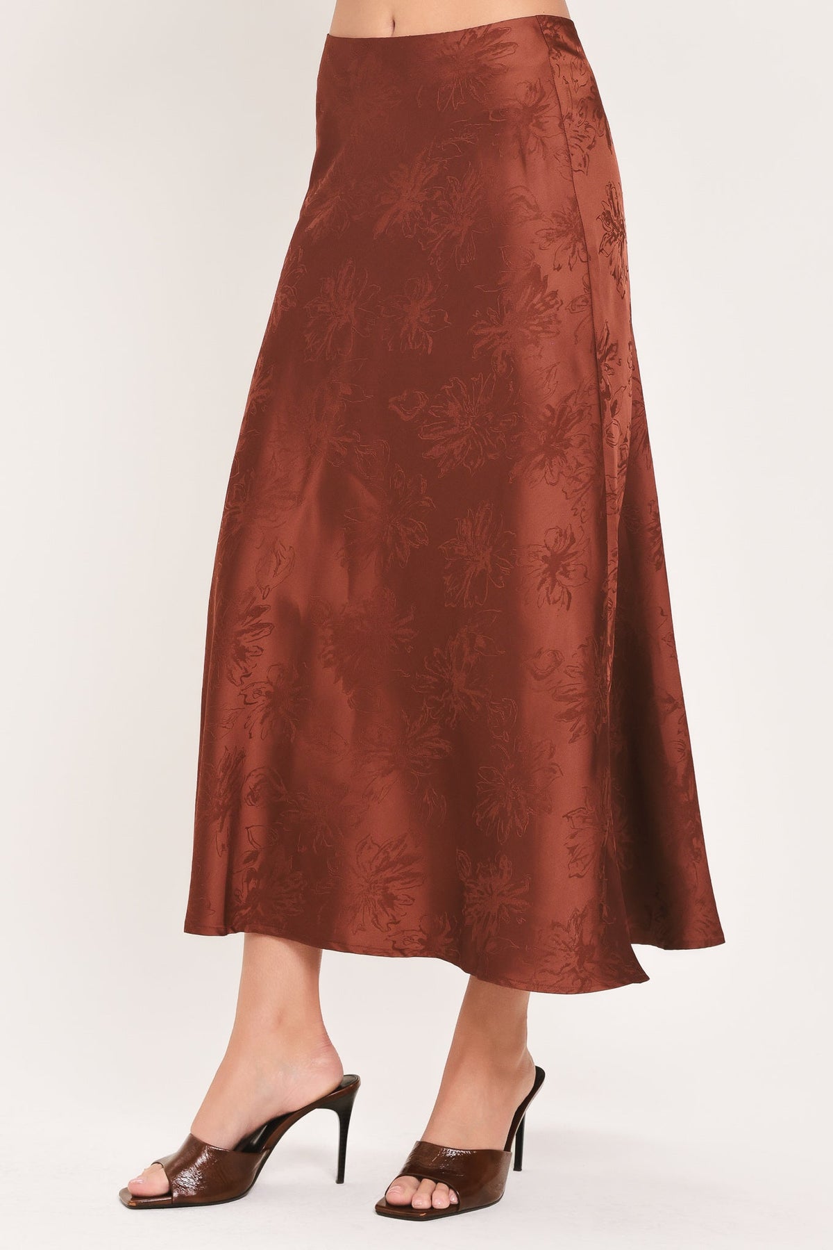 BURGUNDY DYNASTY JACQUARD SATIN MIDI SKIRT