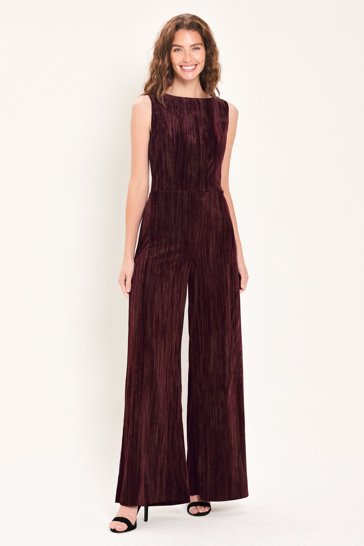 BORDEAUX NIGHTS BURGUNDY TEXTURED VELVET WIDE-LEG JUMPSUIT