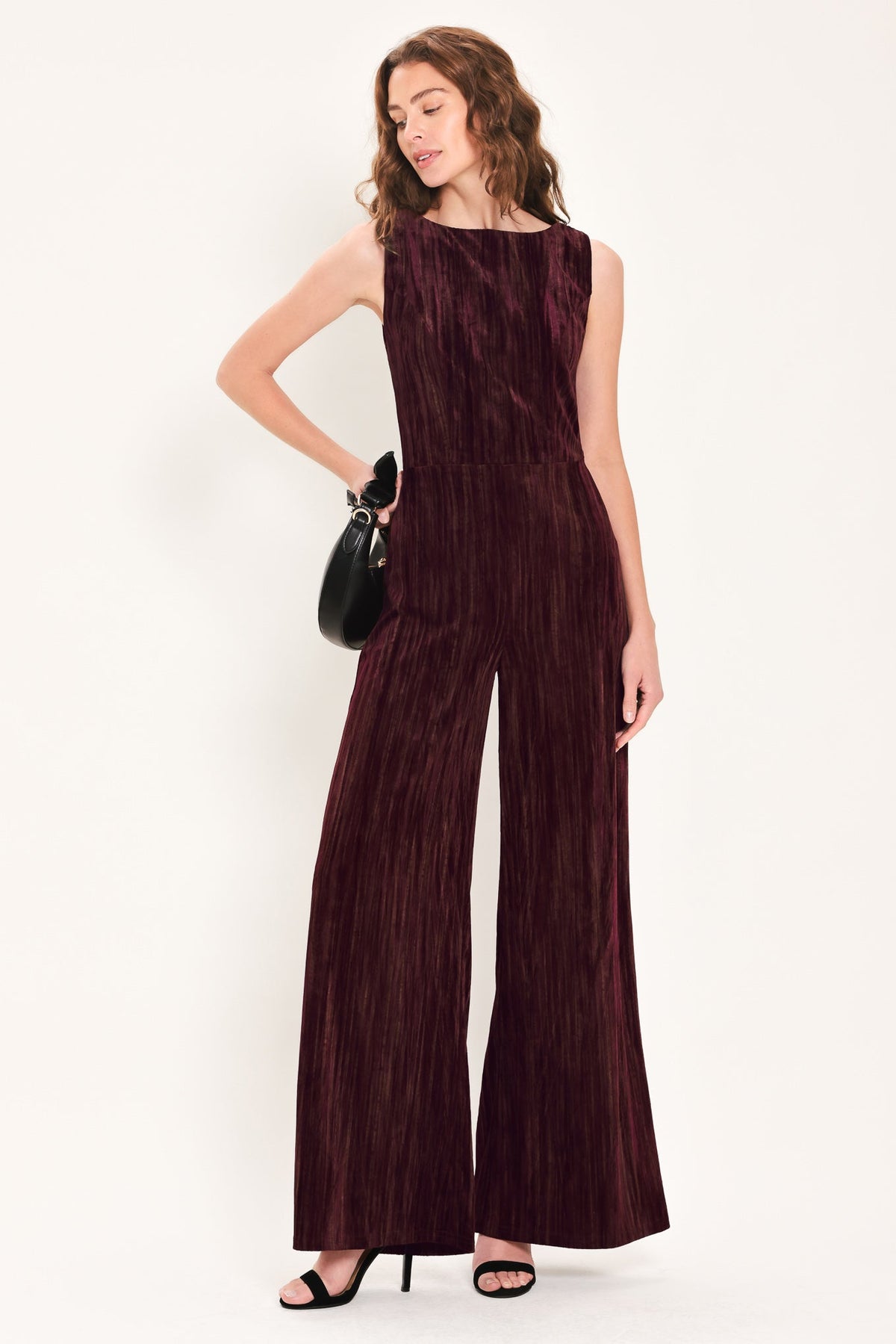 BORDEAUX NIGHTS BURGUNDY TEXTURED VELVET WIDE-LEG JUMPSUIT