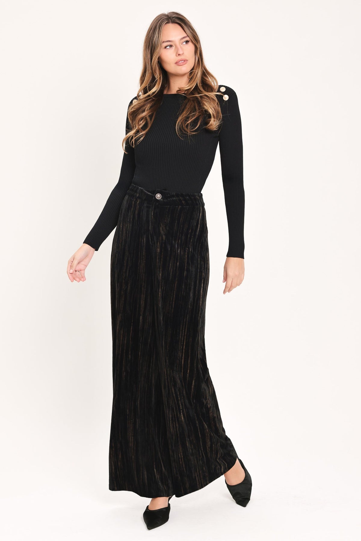 VELVET CURRENT BLACK TEXTURED WIDE-LEG PANTS