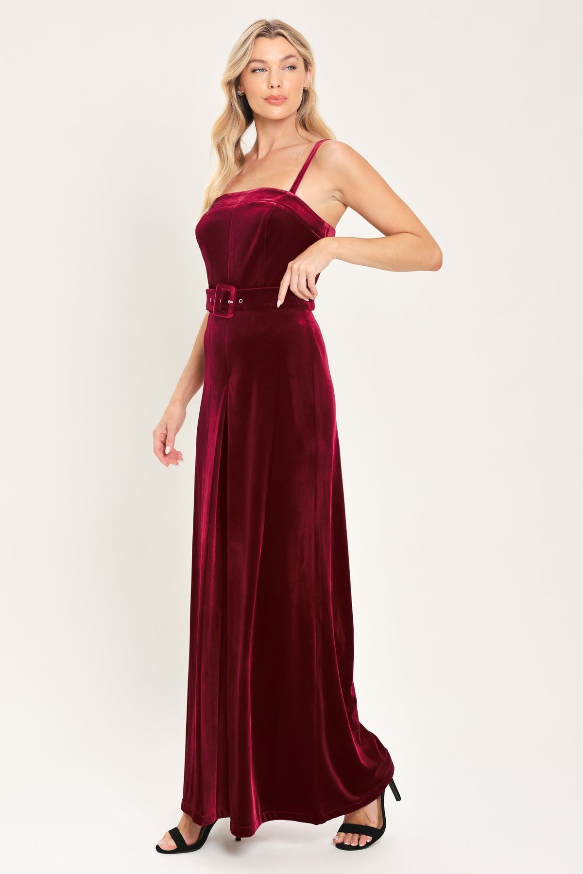 WINE AFTER DARK VELVET BELTED WIDE-LEG JUMPSUIT