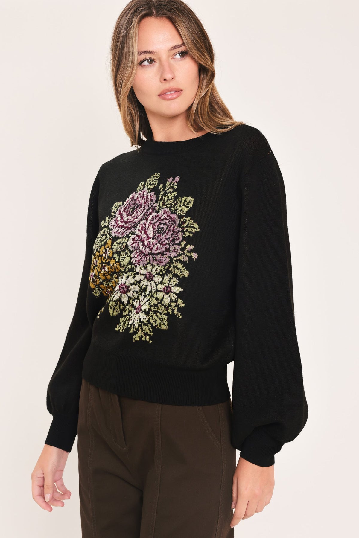 COZY ALL DAY BLACK BALLOON-SLEEVE SWEATER