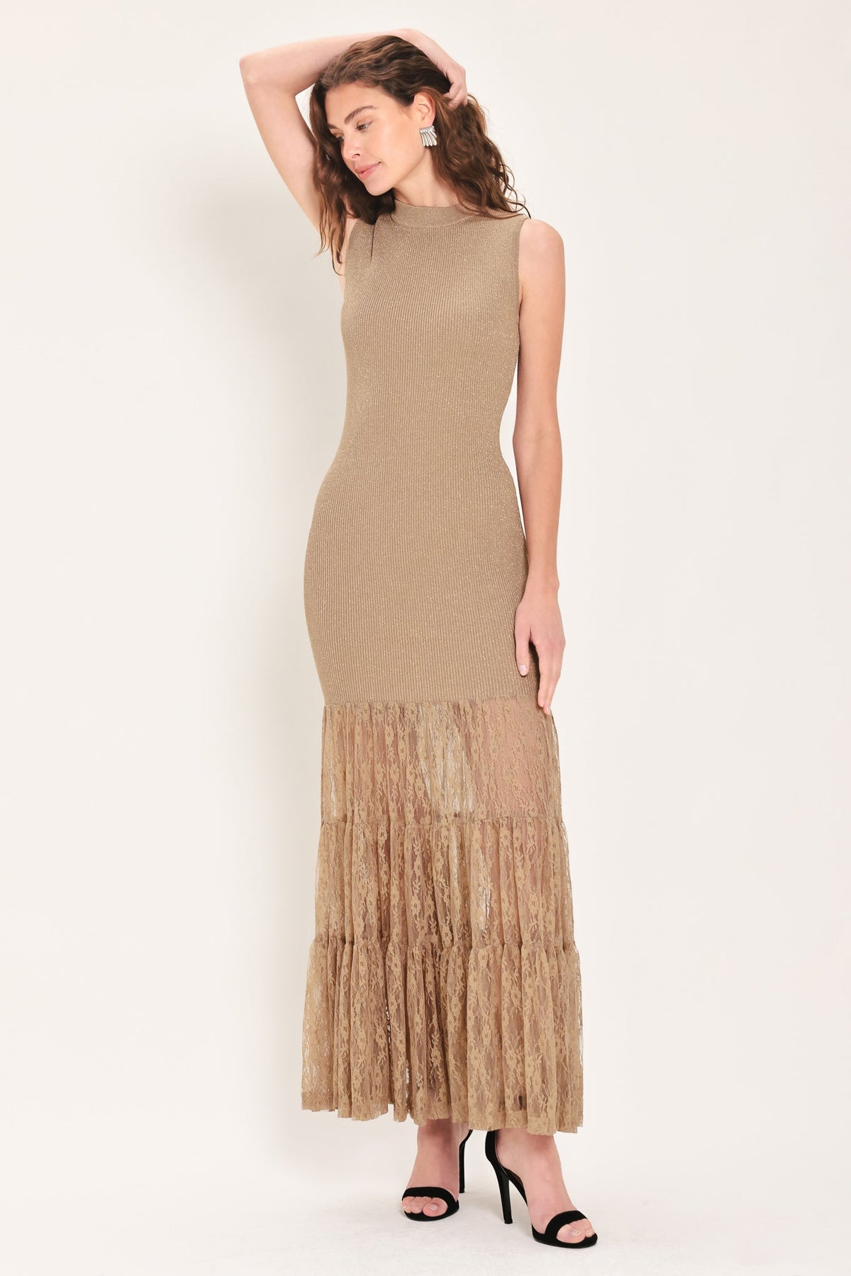 GILDED GRACE GOLD METALLIC LACE-TIER SWEATER MAXI DRESS