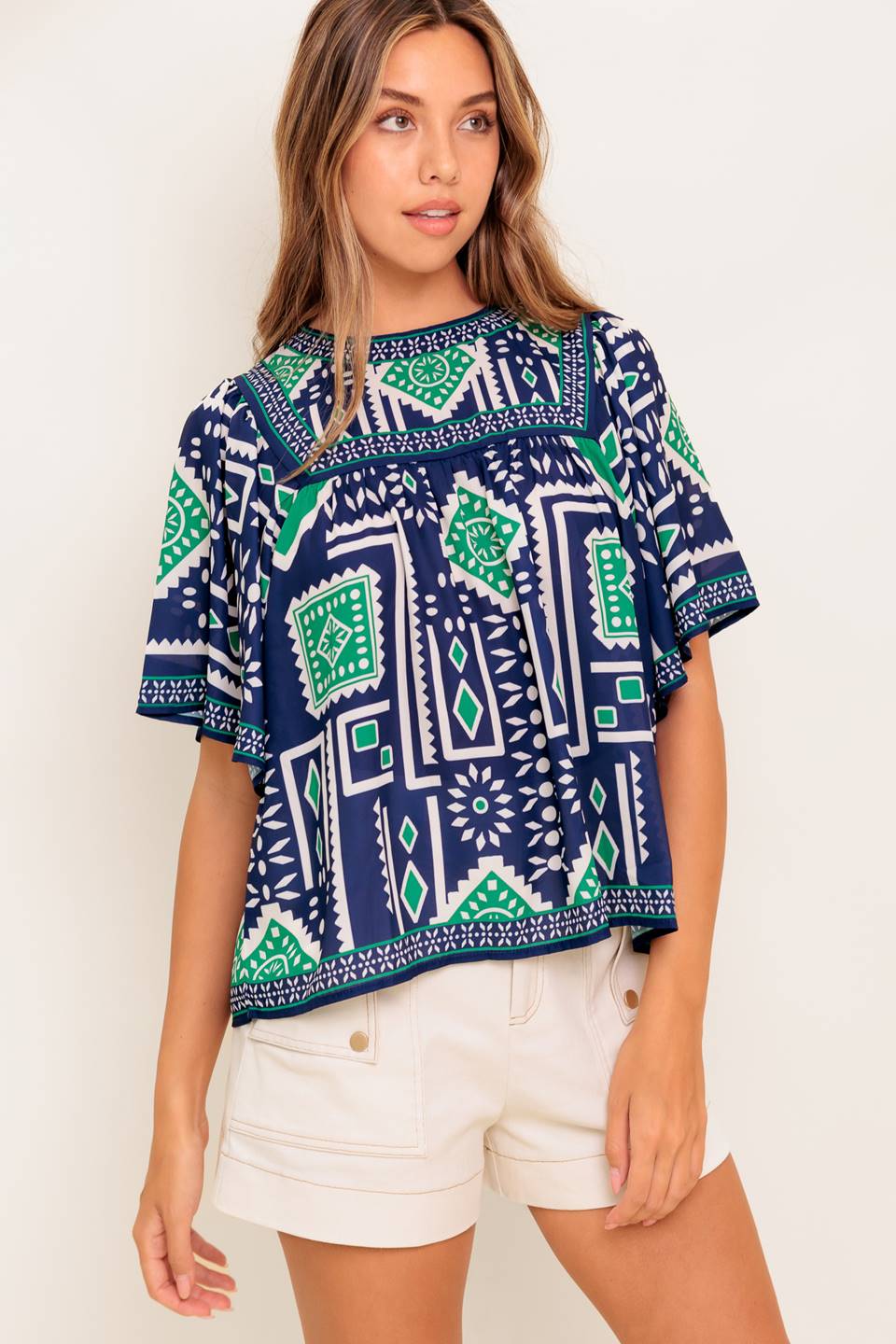 TILE ESCAPE EMBROIDERED WOVEN TOP