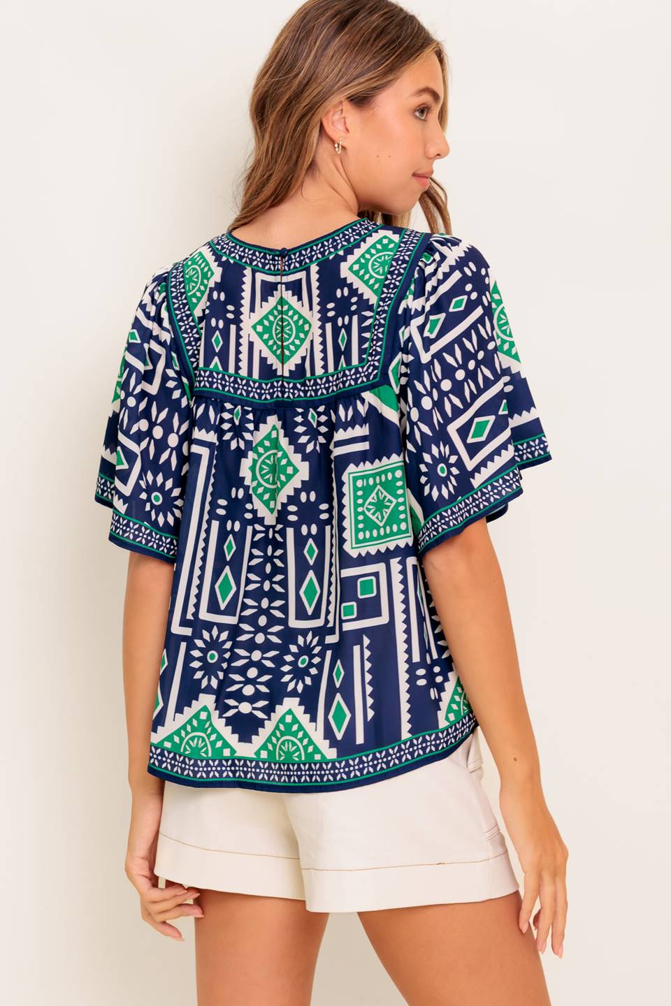 TILE ESCAPE EMBROIDERED WOVEN TOP