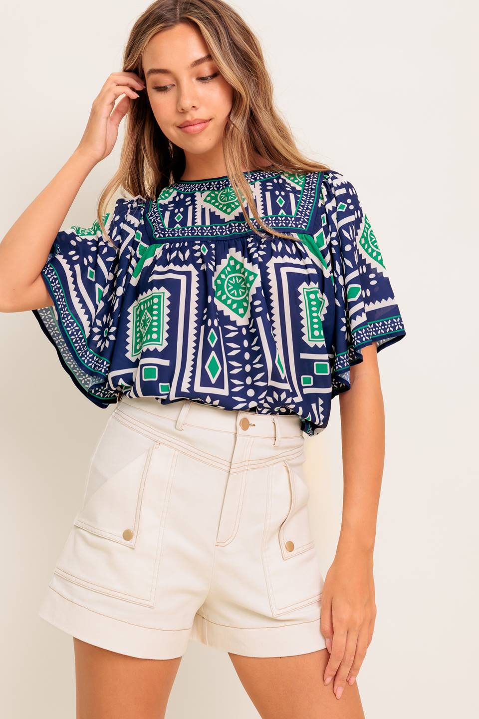 TILE ESCAPE EMBROIDERED WOVEN TOP