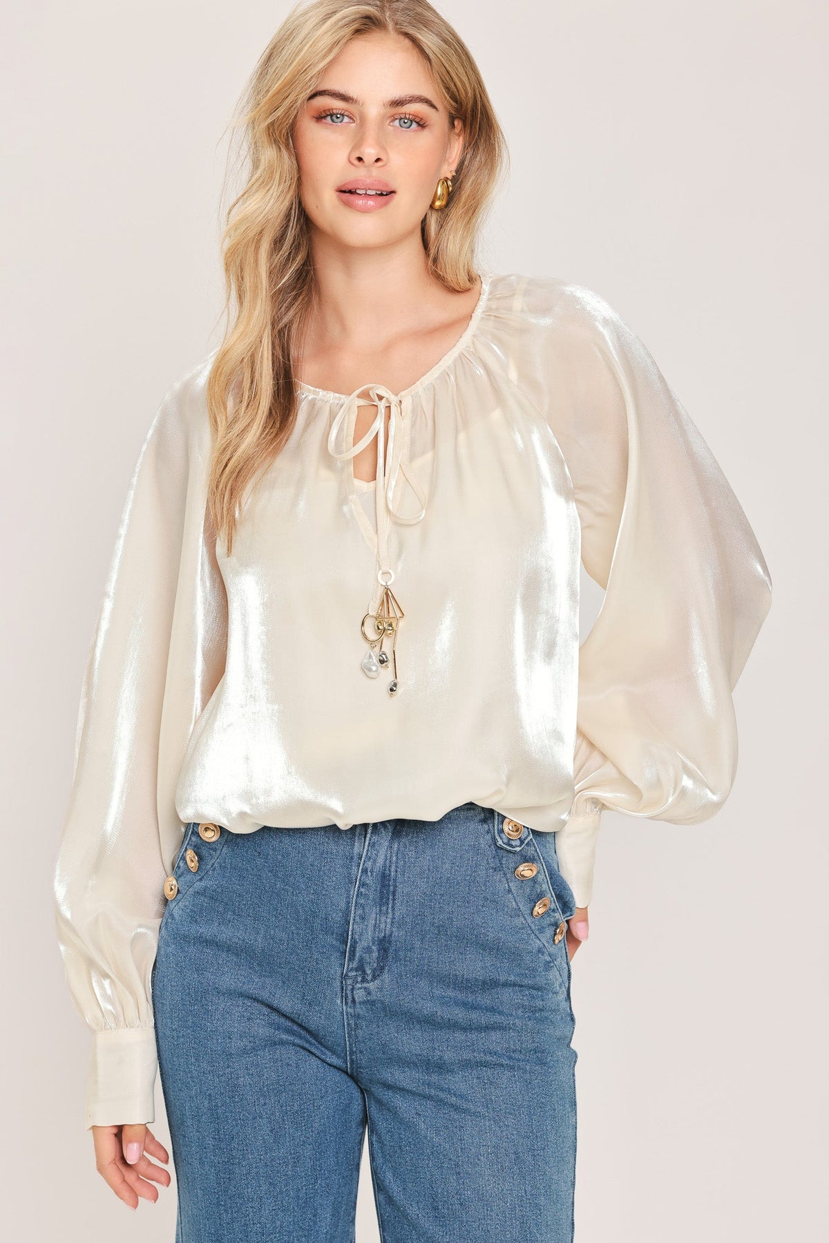 ETERNAL PEARL CHARM WOVEN PEASANT TOP