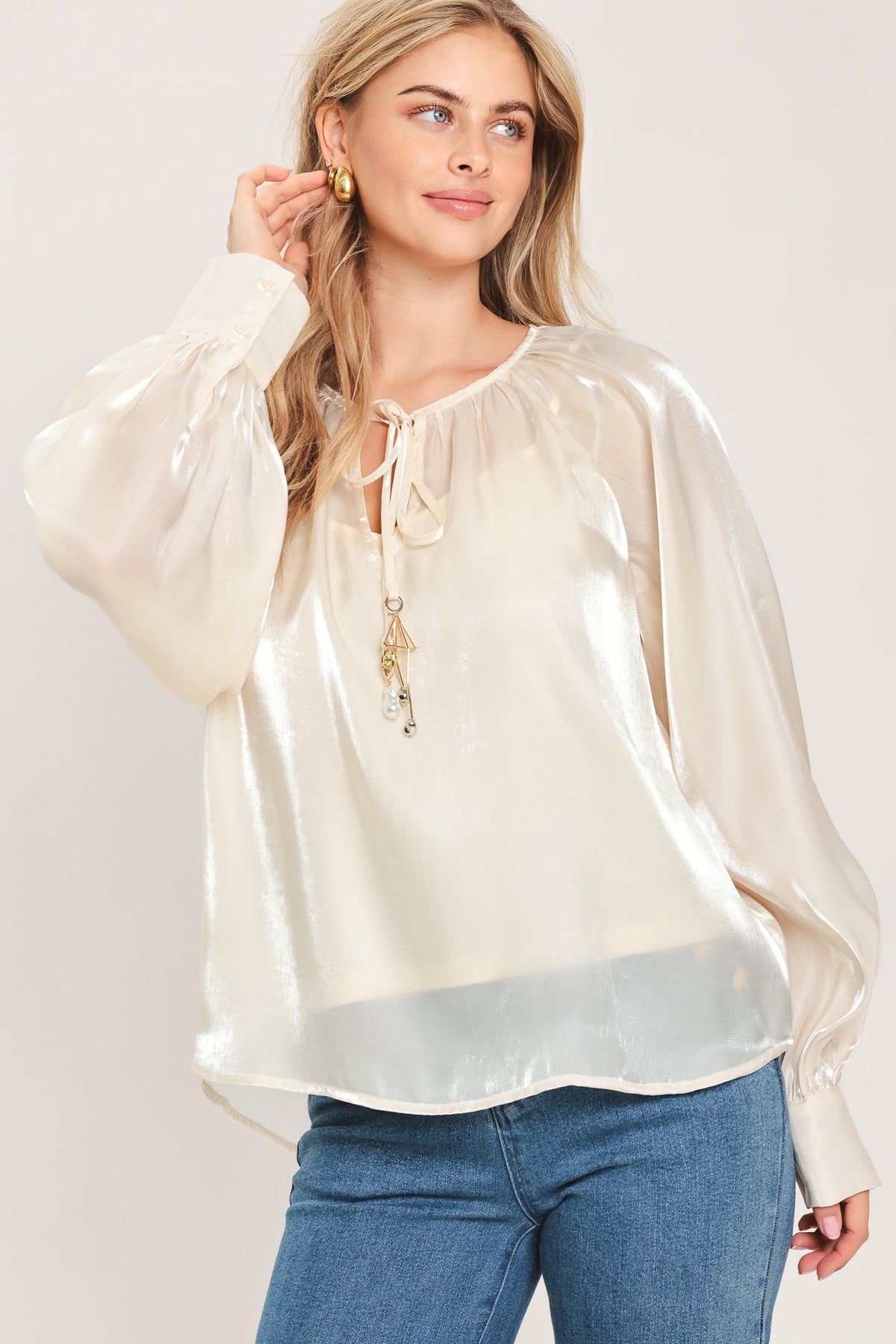 ETERNAL PEARL CHARM WOVEN PEASANT TOP