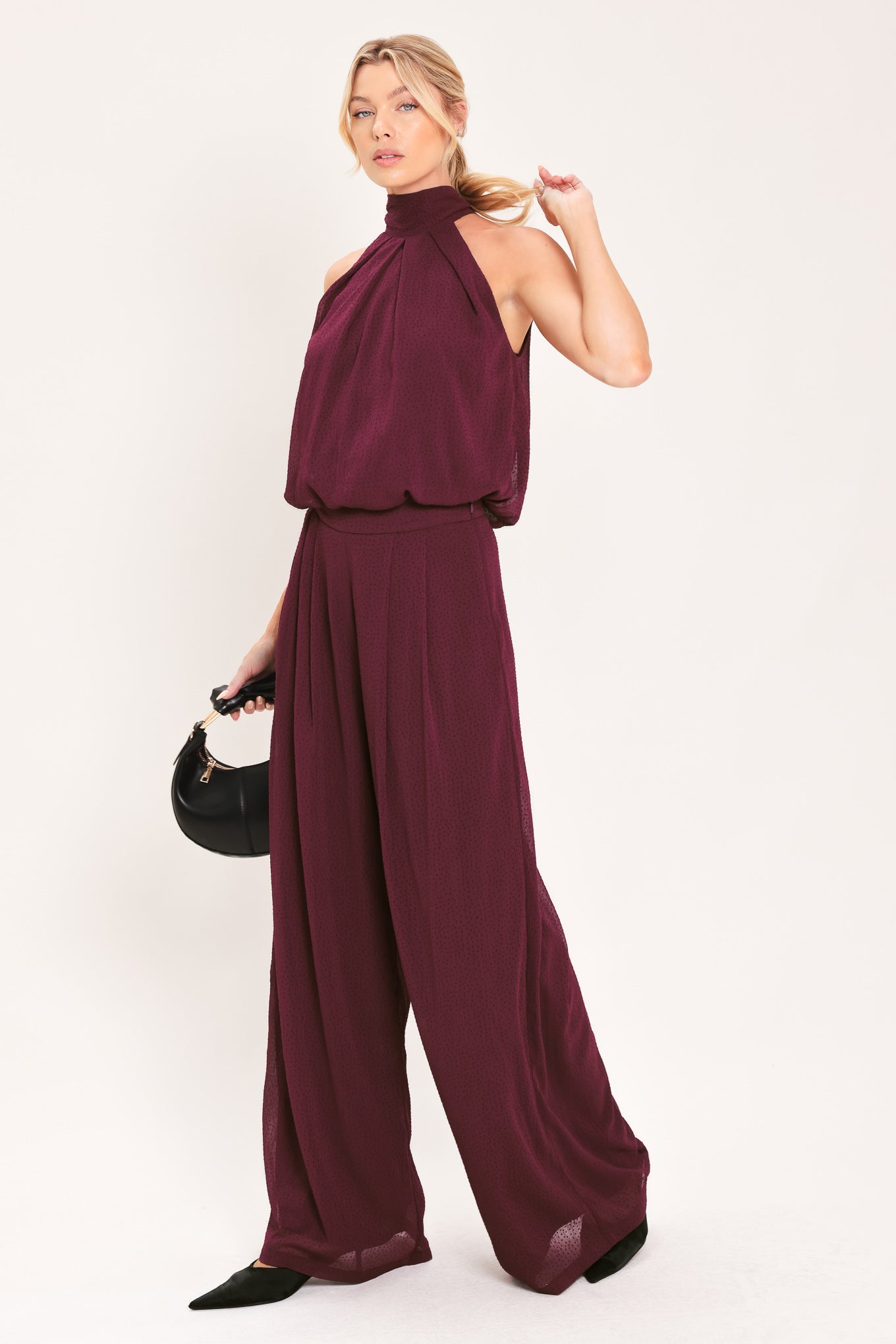 BORDEAUX SHEER DRAPE WOVEN HALTER TOP