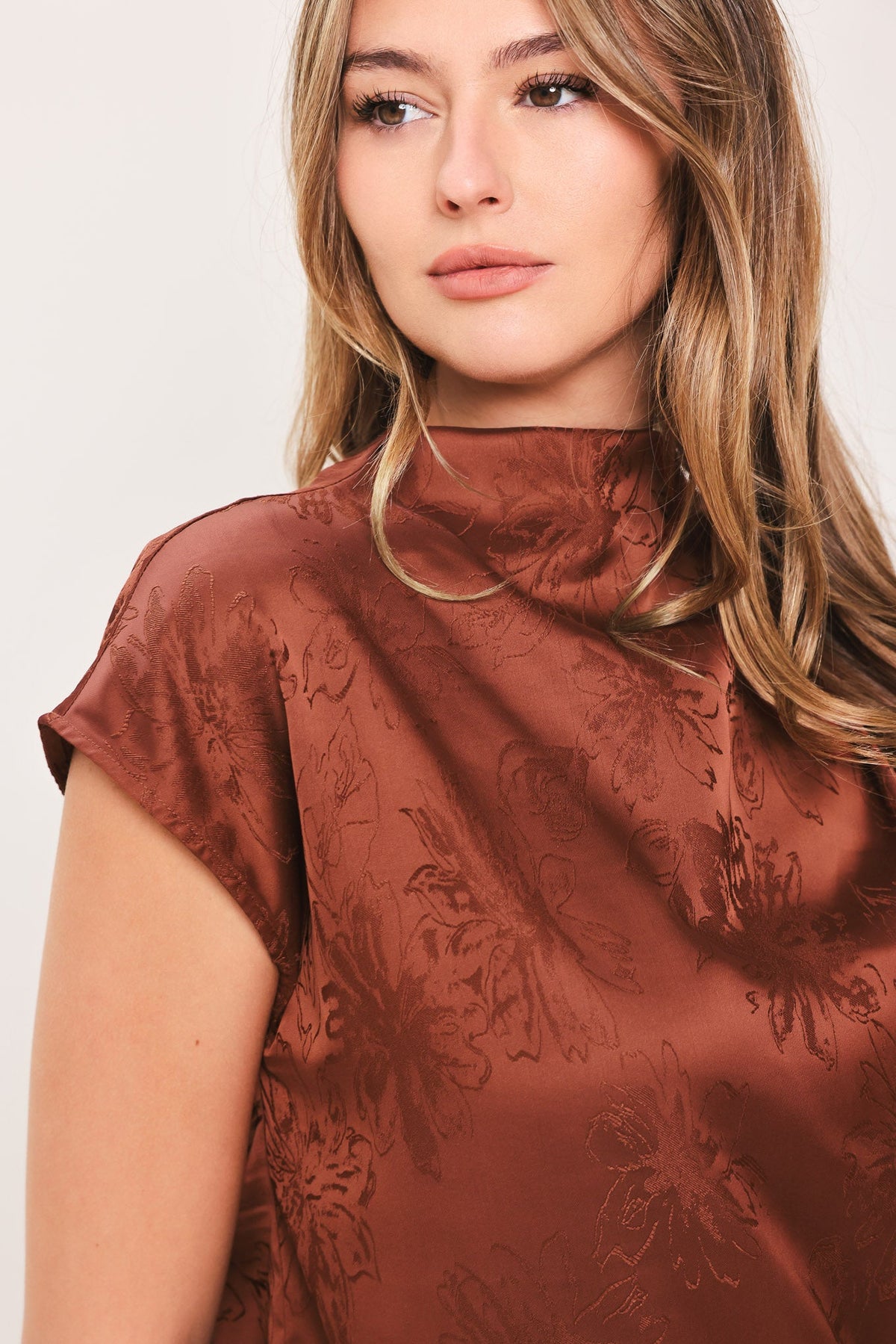 BURGUNDY DYNASTY JACQUARD SATIN FUNNEL-NECK TOP