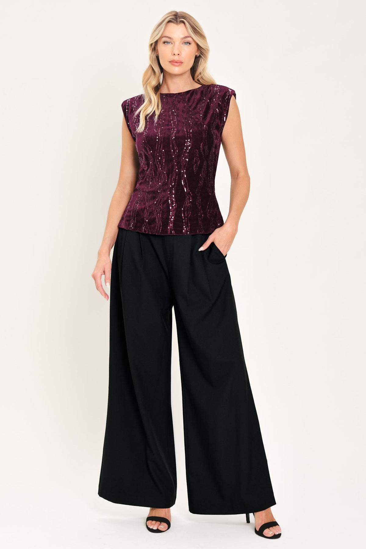 BURGUNDY SPARK BURGUNDY SEQUIN VELVET PADDED-SHOULDER TOP
