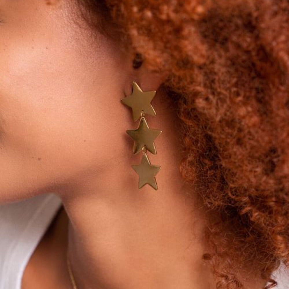 18K gold stylish five-pointed star with three-layer design earrings
