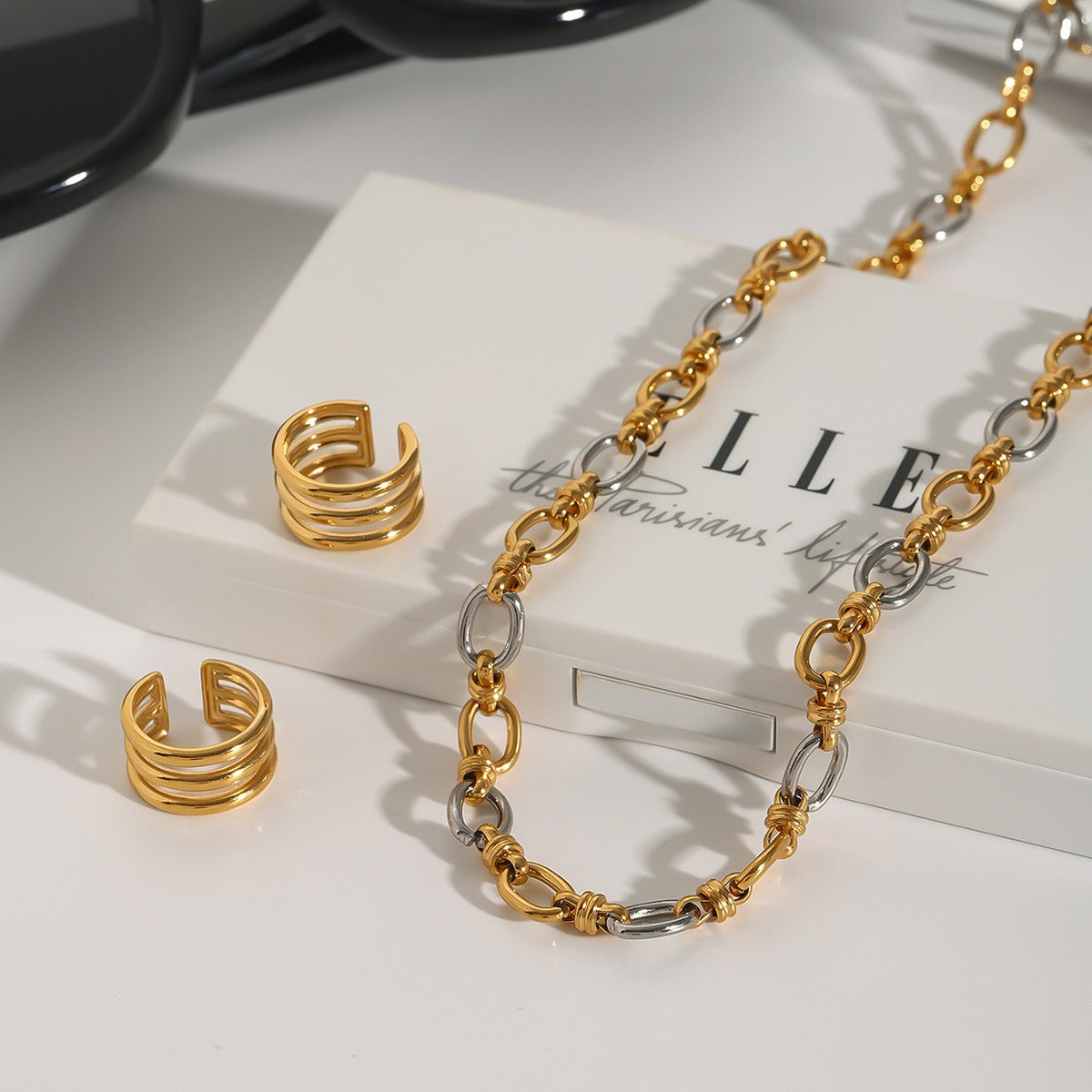 18K gold chain with gold and silver color matching design fashionable and simple necklace
