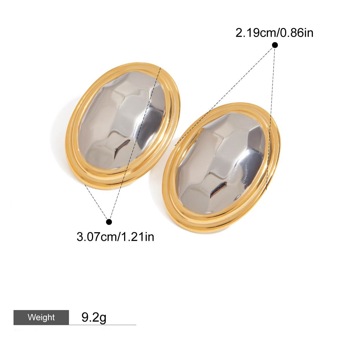 18K gold oval earrings with gold and silver color matching design, simple and unique