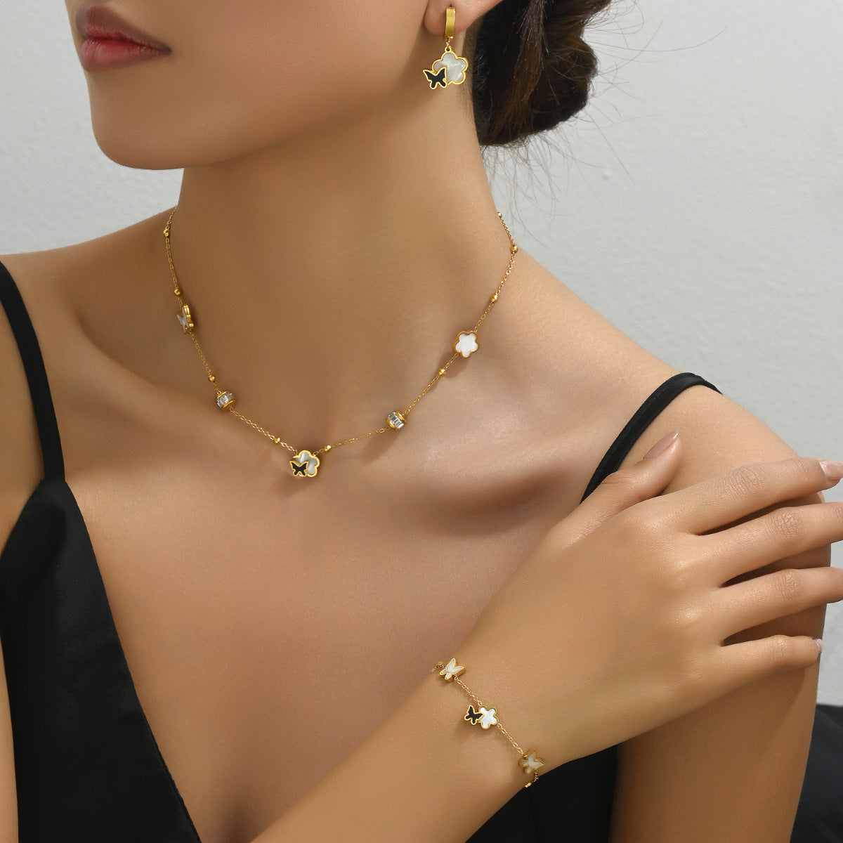 Simple Korean Style Geometric Bracelet Earrings Suit All-match Style Butterfly Niche Zircon Design Necklace