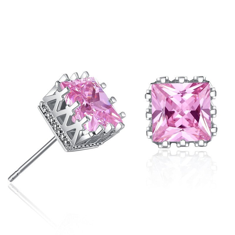Crown-shaped openwork square zircon stud earrings