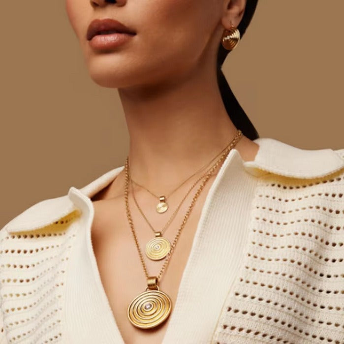 18K gold round with texture design simple and elegant necklace earrings ring set