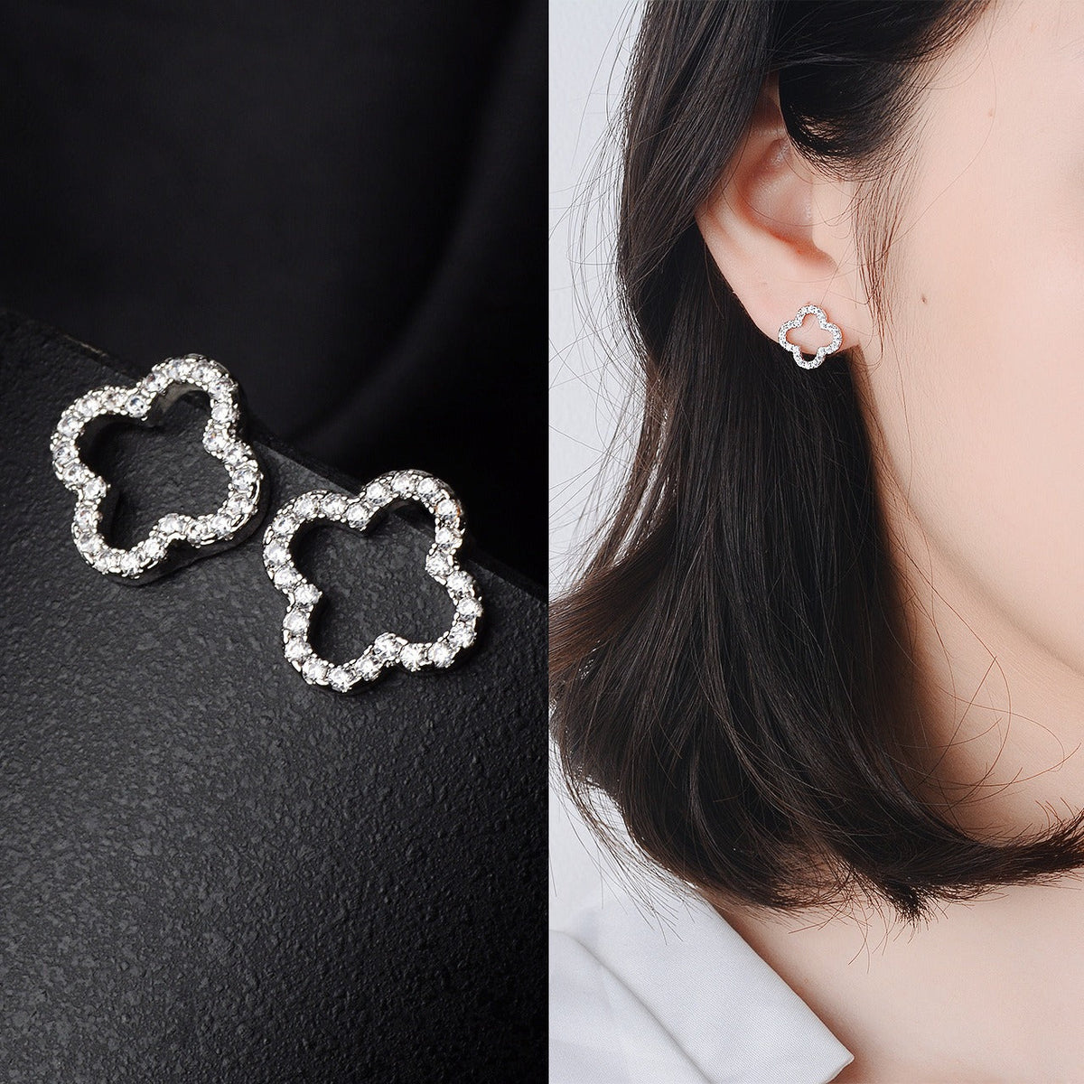 S925 sterling silver forest-style four-leaf clover diamond earrings
