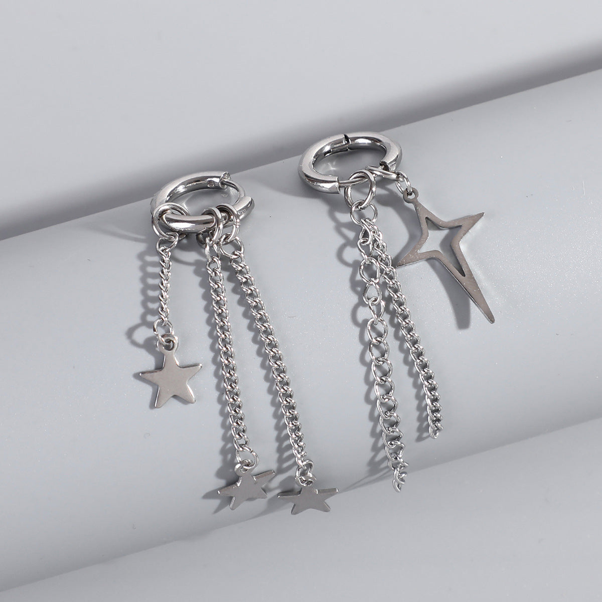 Asymmetrical Star Tassel Hoop Earrings, Hip Hop Minimalist Stainless Steel Chain Pentagram Dangle Earrings Fashion Women Ear Jewelry For Daily Street Outfit